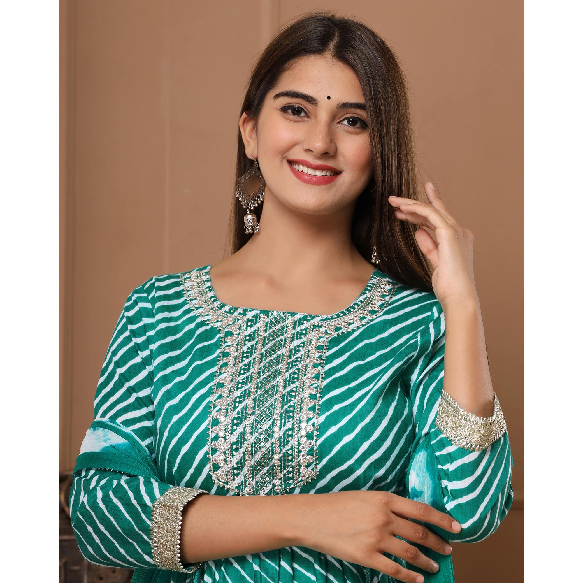 Rama Green Printed With Embroidered Pure Cotton Sharara Suit - Peachmode