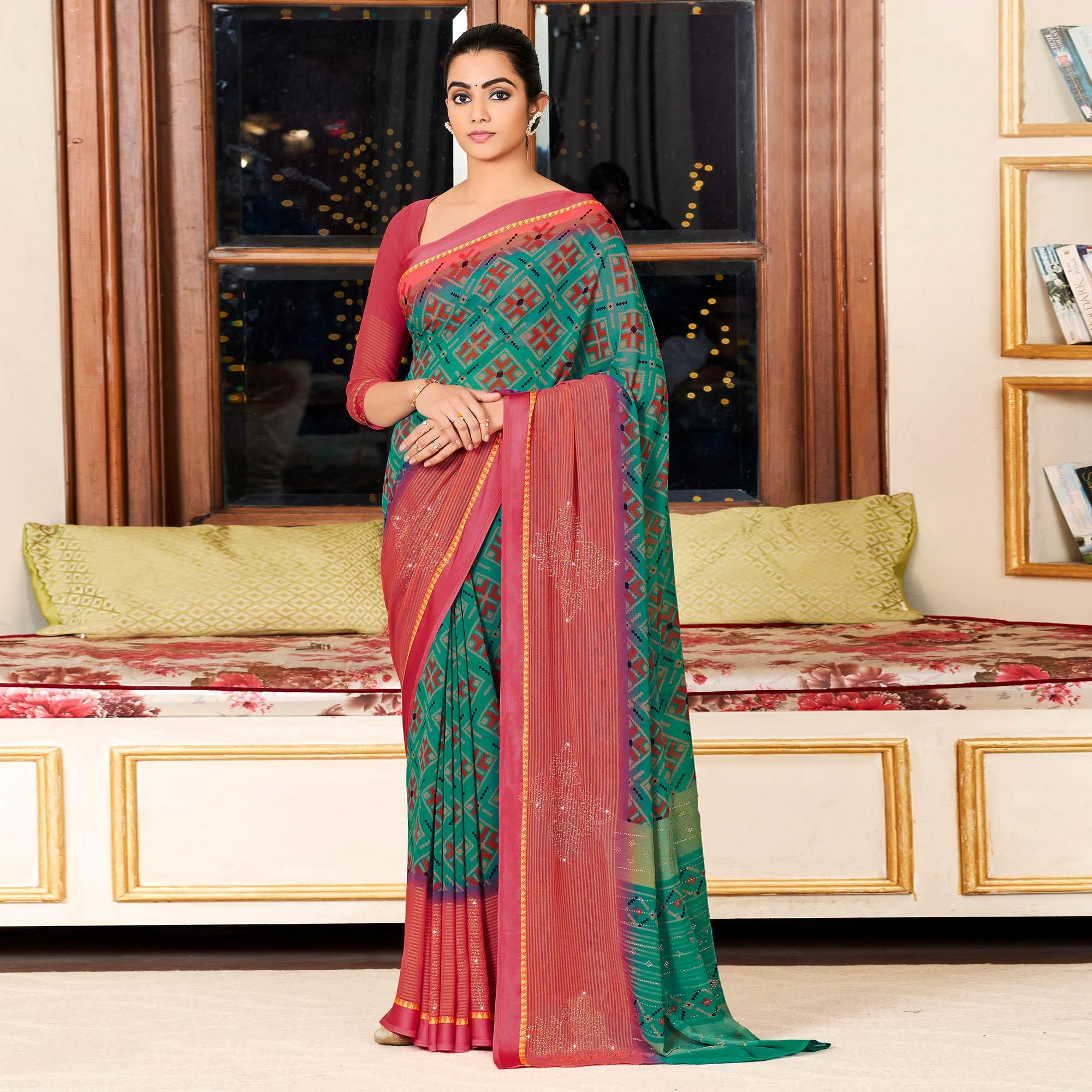 Rama Green Printed With Swarovski Work Georgette Saree - Peachmode