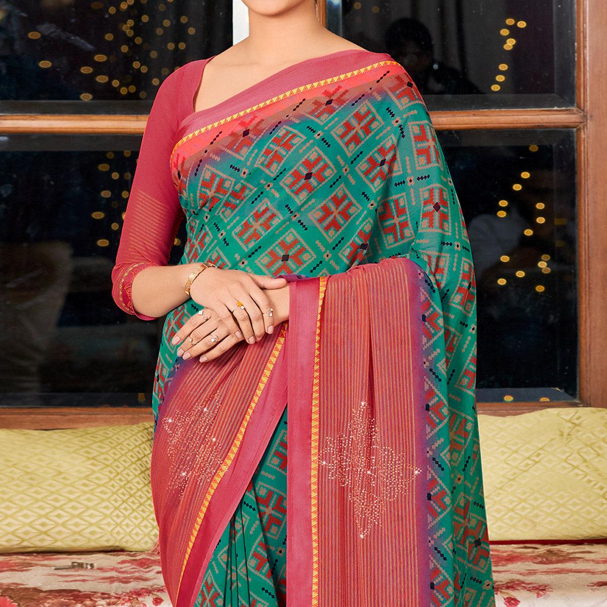 Rama Green Printed With Swarovski Work Georgette Saree - Peachmode