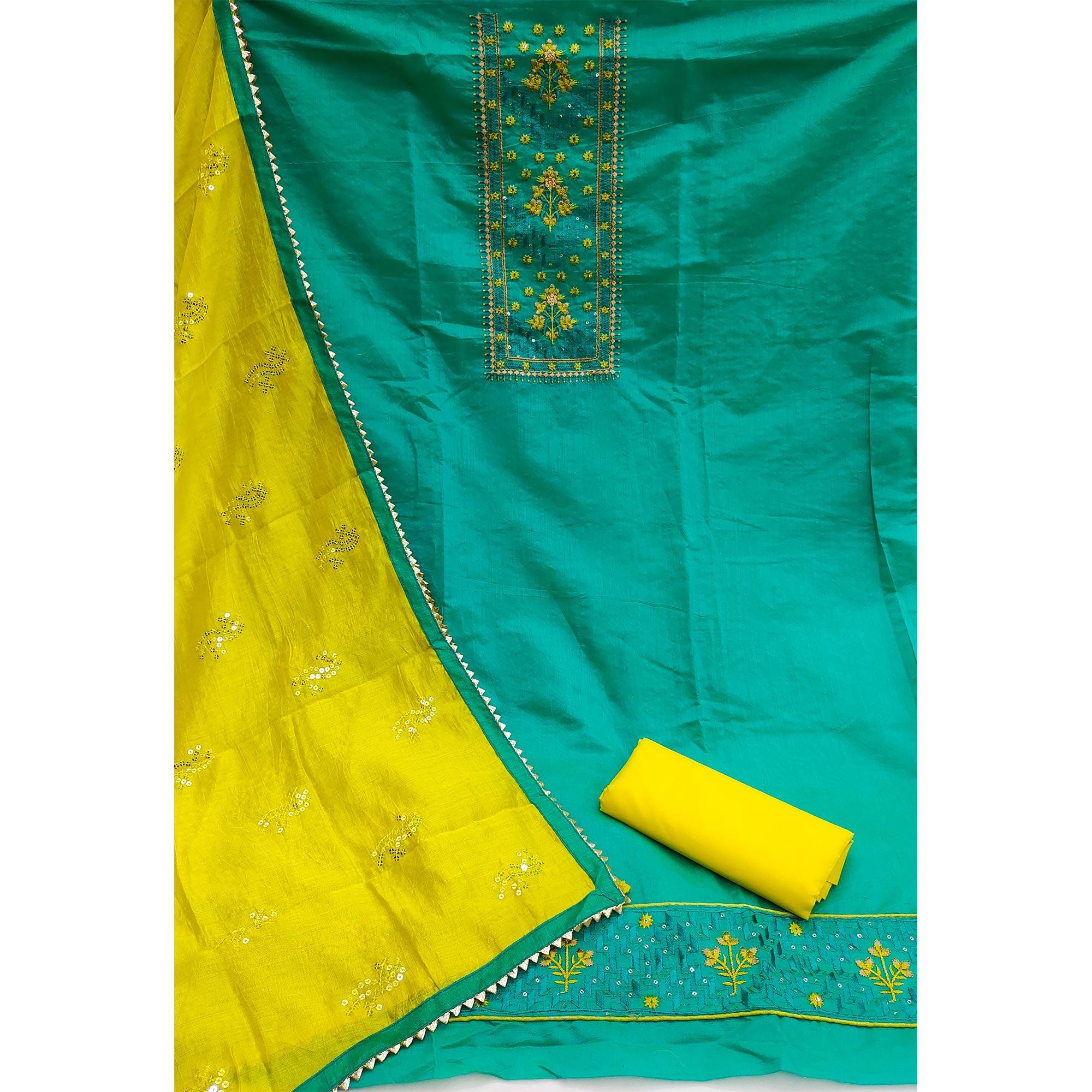 Rama Green Sequence Embroidered Chanderi Dress Material - Peachmode