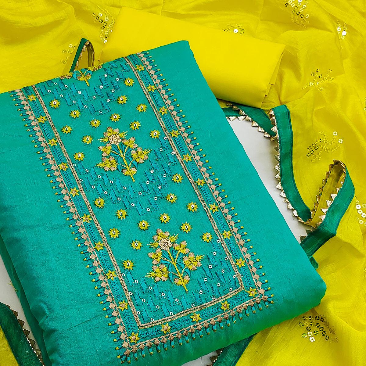 Rama Green Sequence Embroidered Chanderi Dress Material - Peachmode