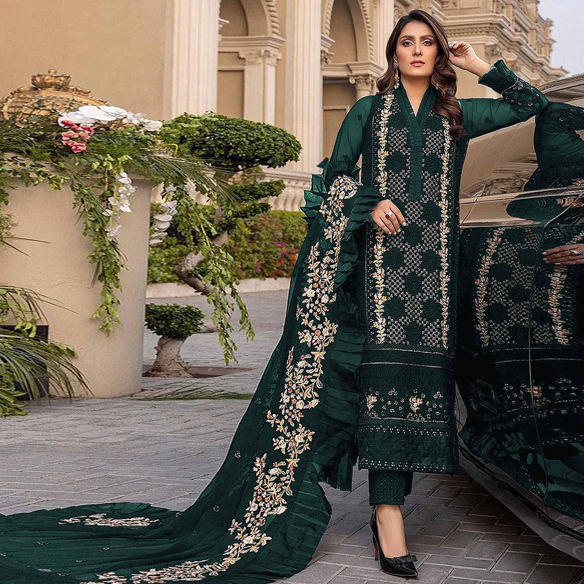 Rama Green Sequence With Floral Embroidered Georgette Pakistani Suit - Peachmode