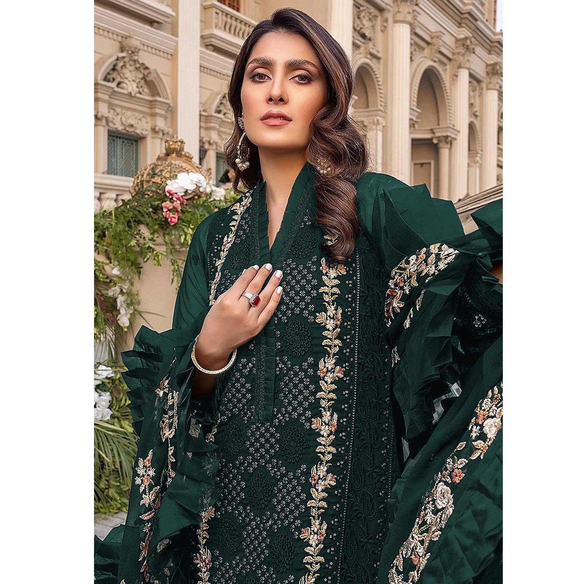 Rama Green Sequence With Floral Embroidered Georgette Pakistani Suit - Peachmode