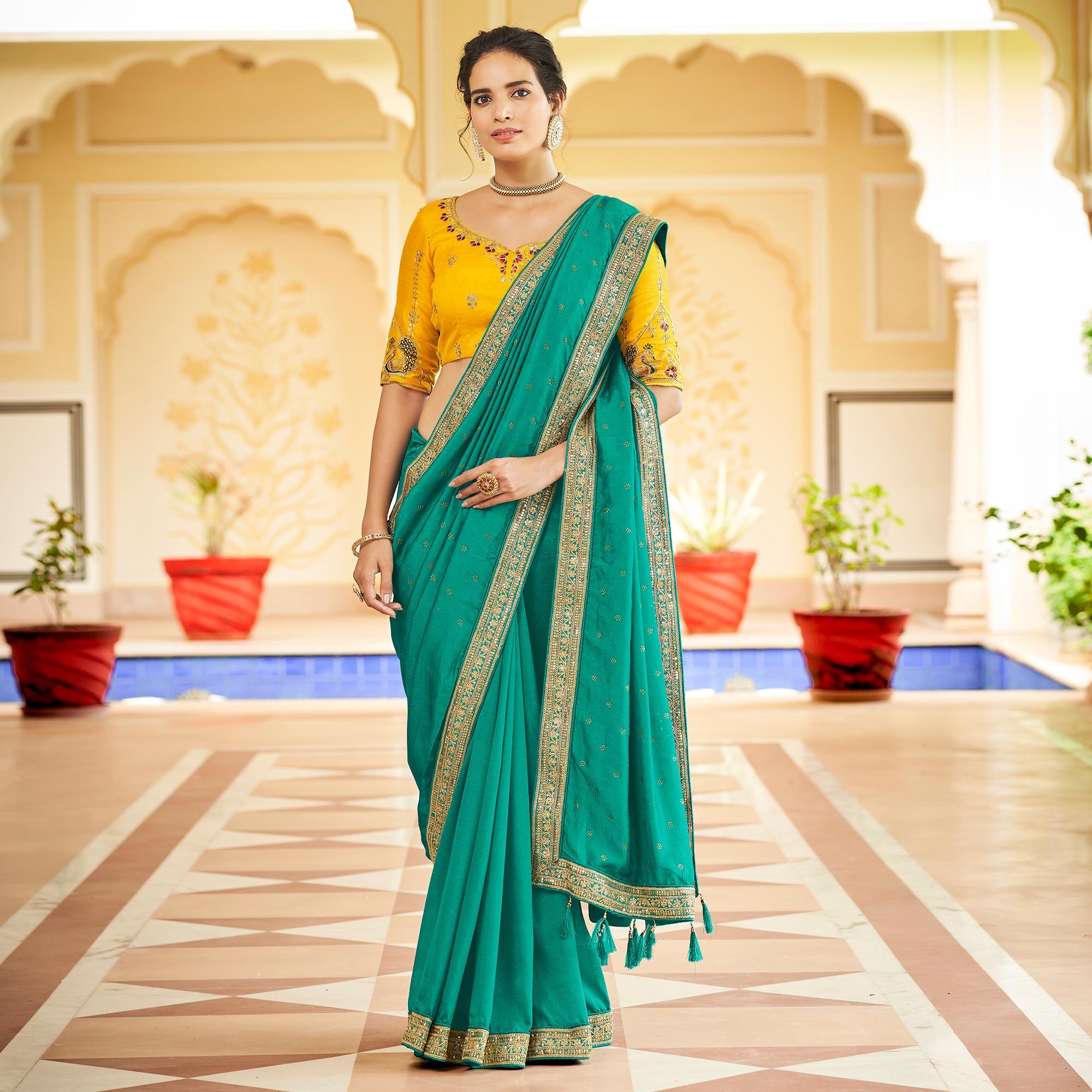 Rama Green Sequence With swarovski Work Vichitra Silk Saree - Peachmode