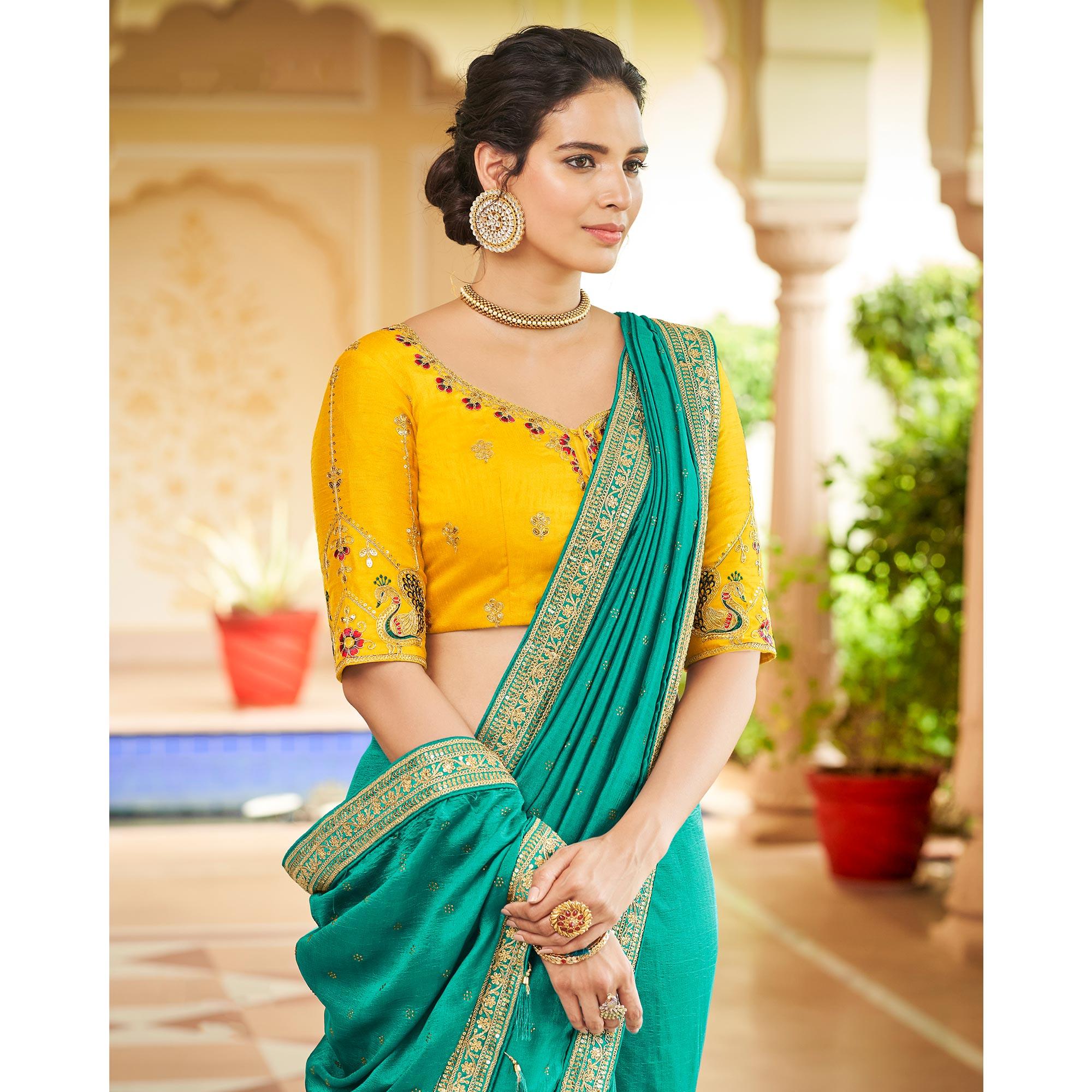 Rama Green Sequence With swarovski Work Vichitra Silk Saree - Peachmode