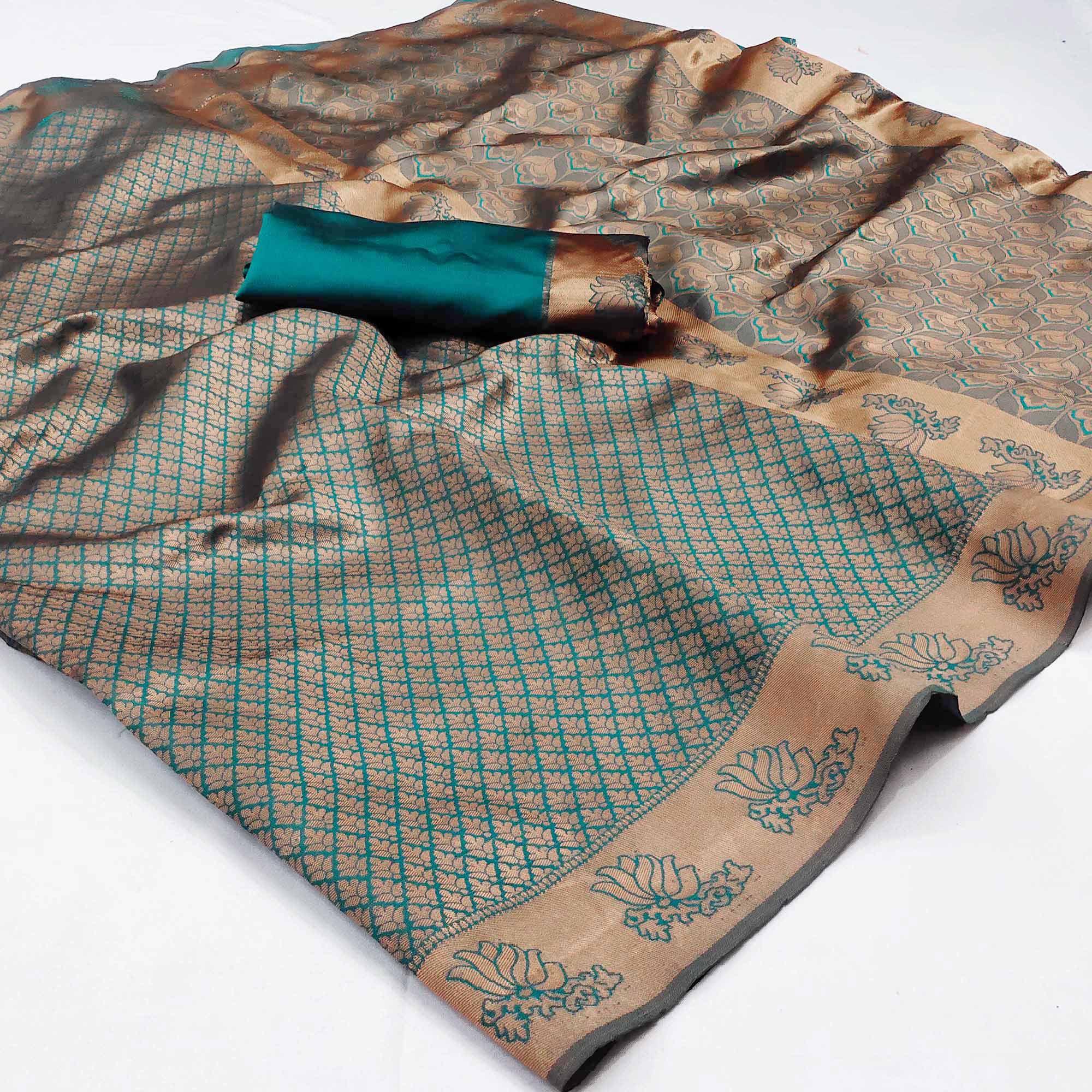 Rama Green Woven Banarasi Silk Saree - Peachmode