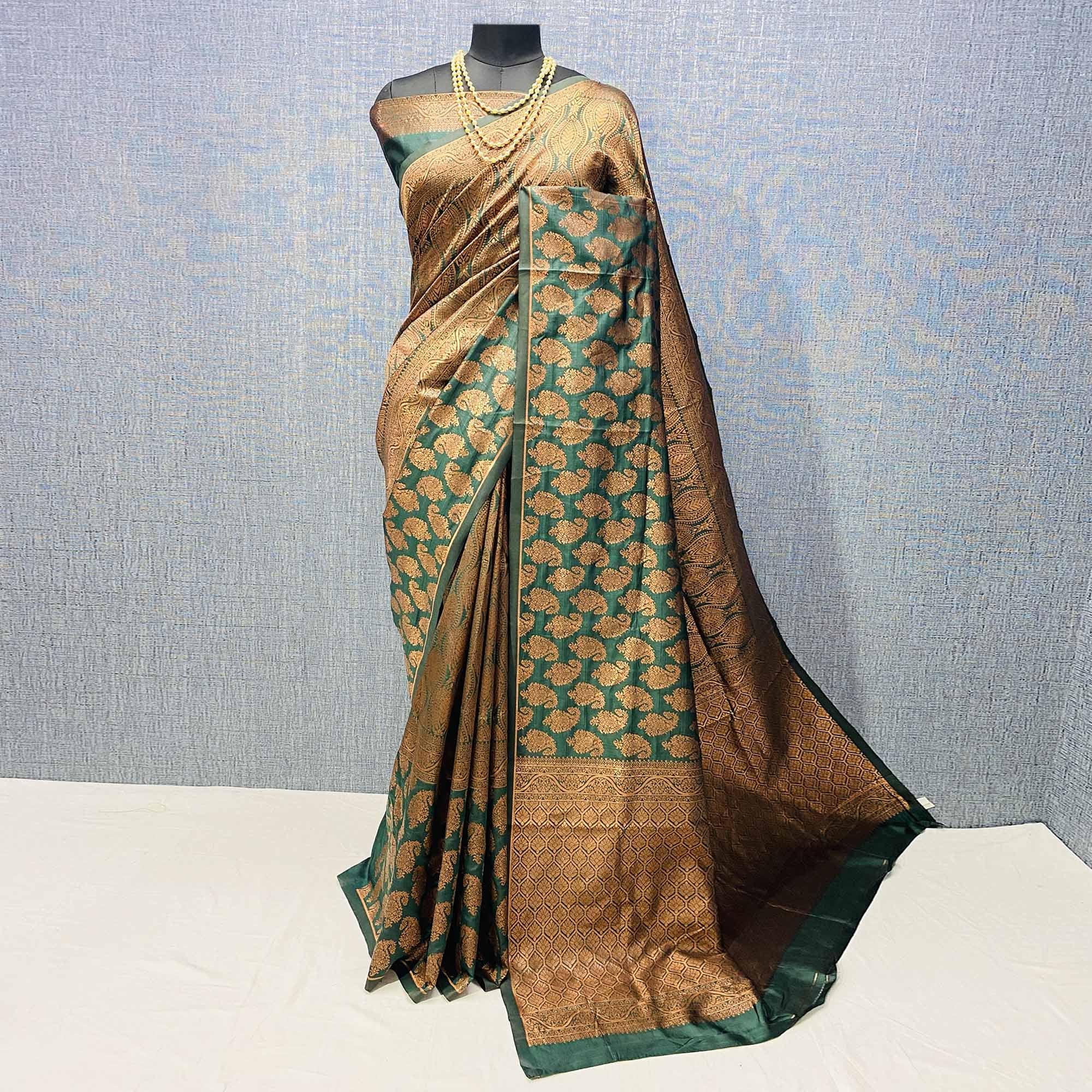 Rama Green Woven Banarasi Silk Saree - Peachmode