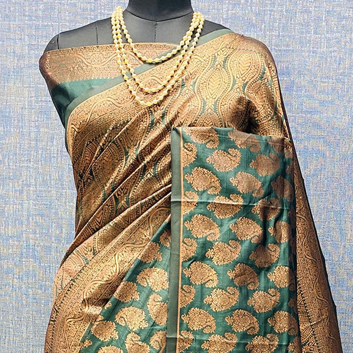 Rama Green Woven Banarasi Silk Saree - Peachmode