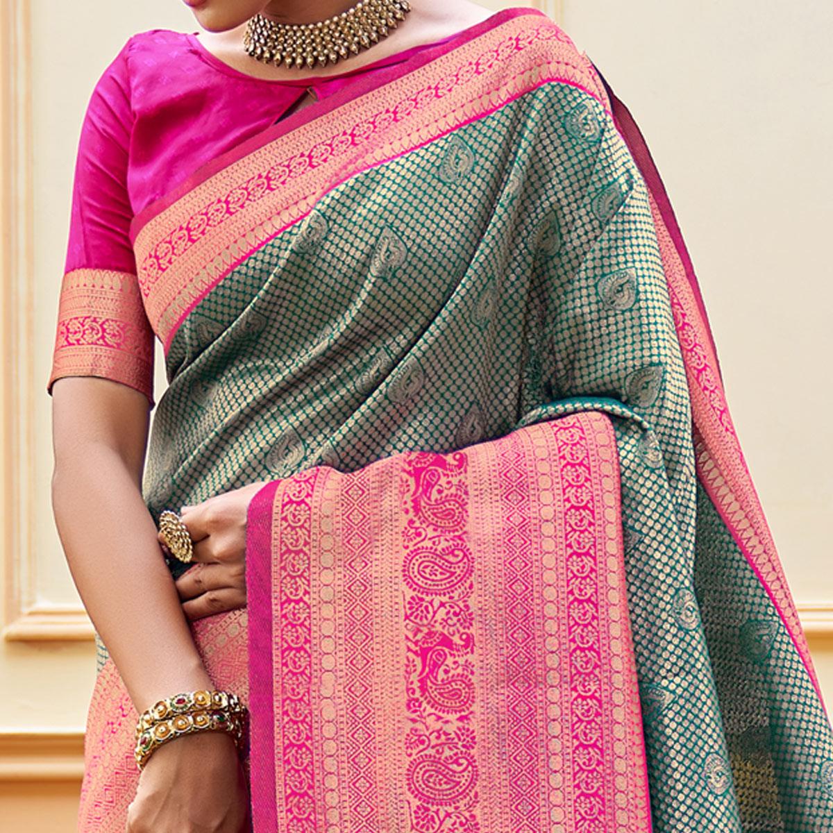 Rama Green Woven Banarasi Silk Saree - Peachmode