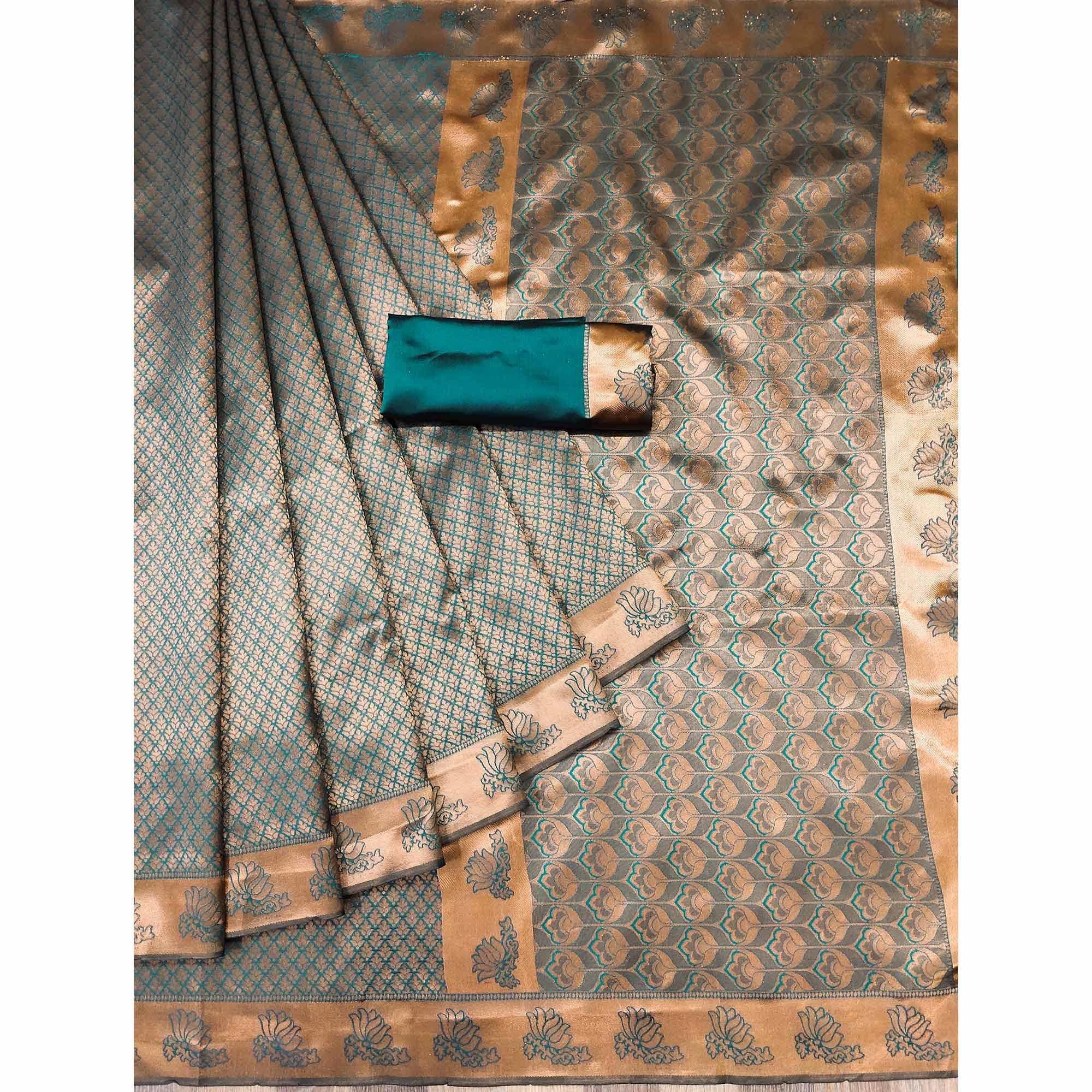 Rama Green Woven Banarasi Silk Saree - Peachmode