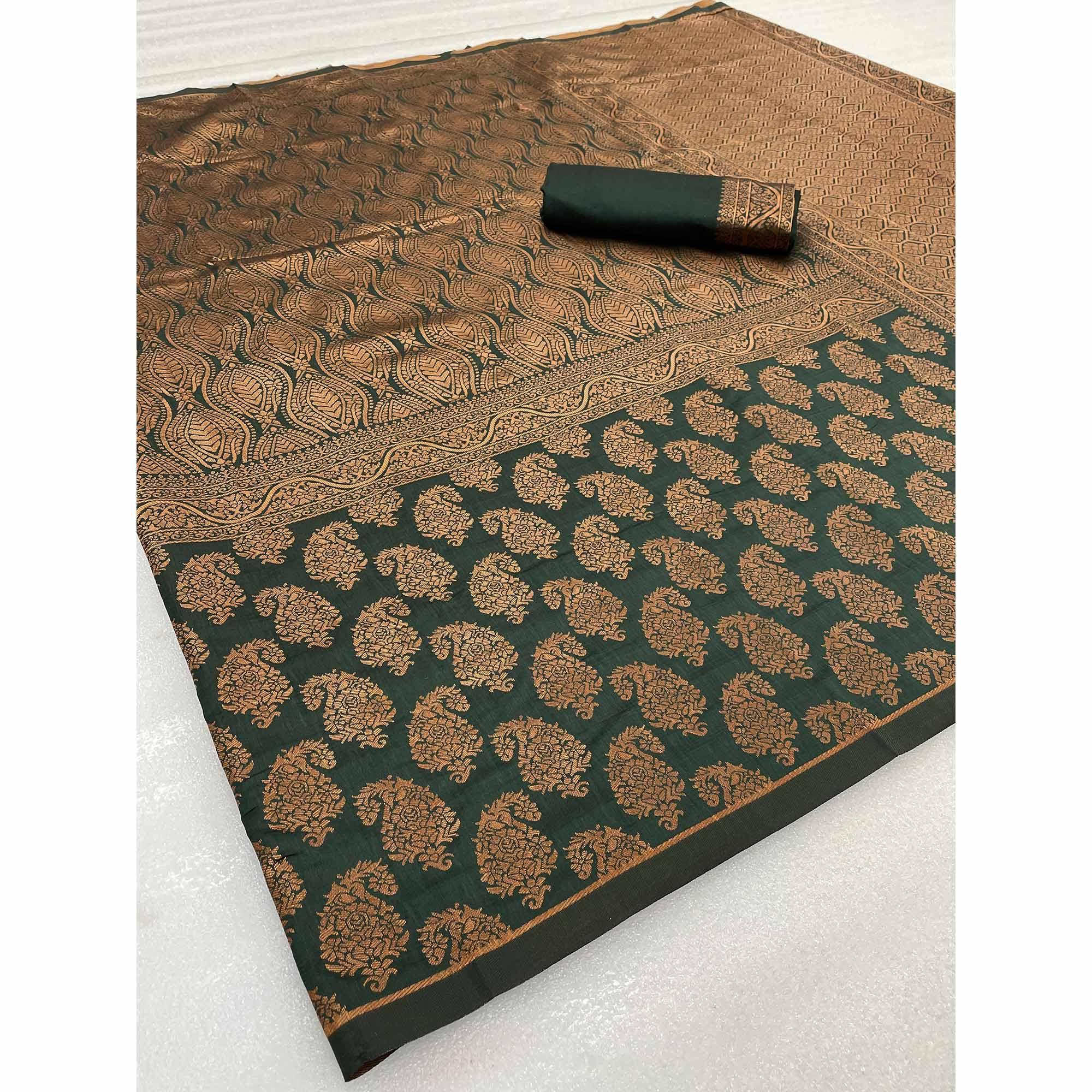 Rama Green Woven Banarasi Silk Saree - Peachmode