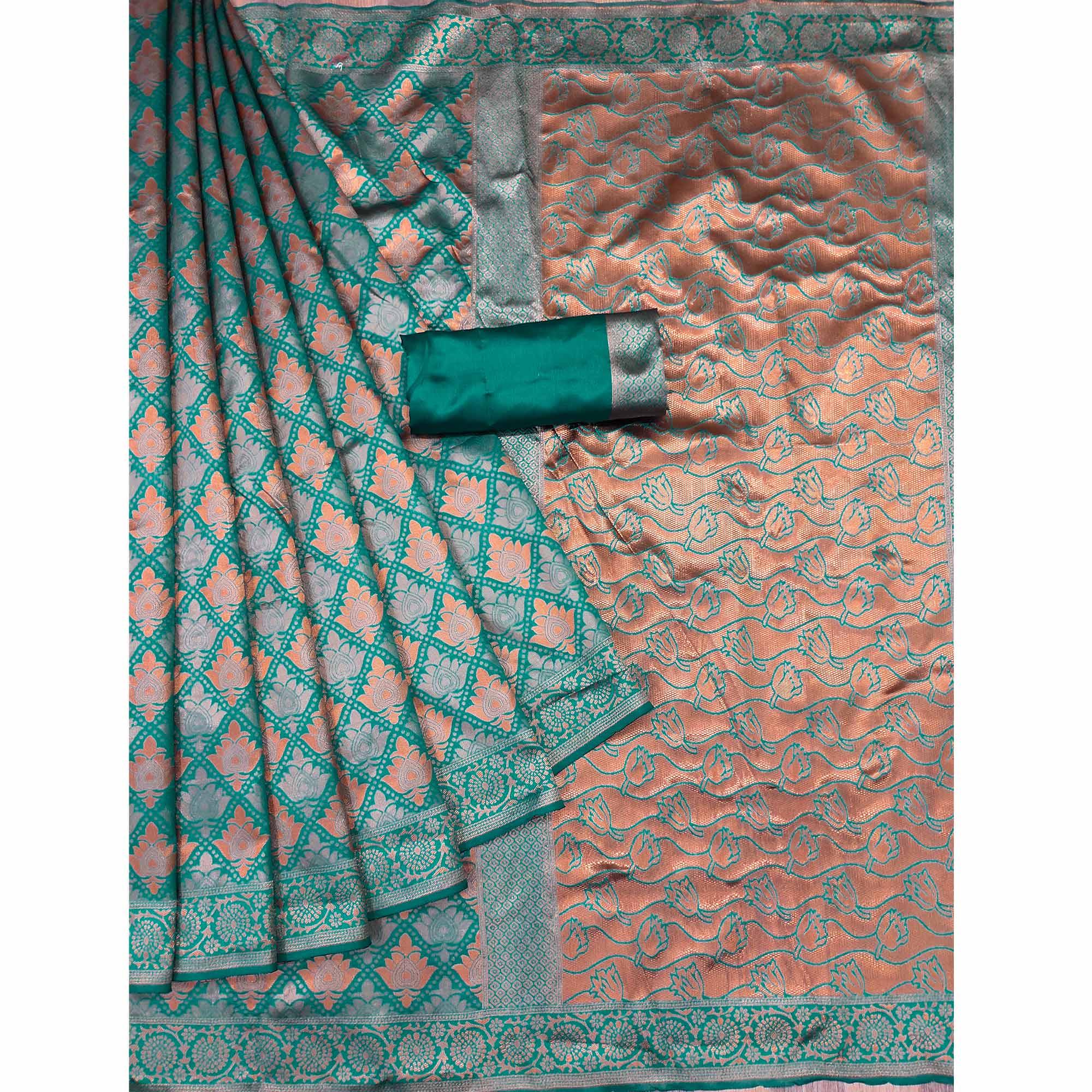 Rama Green Woven Banarasi Silk Saree - Peachmode