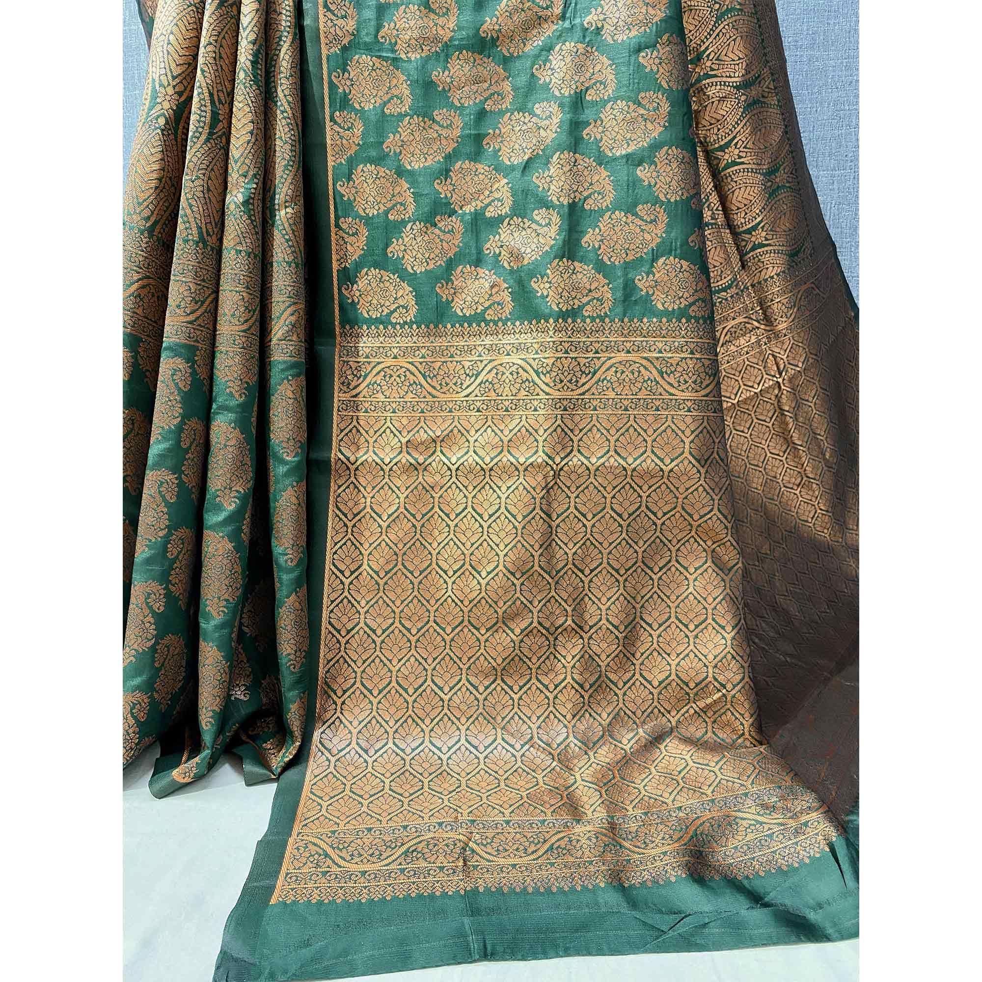 Rama Green Woven Banarasi Silk Saree - Peachmode