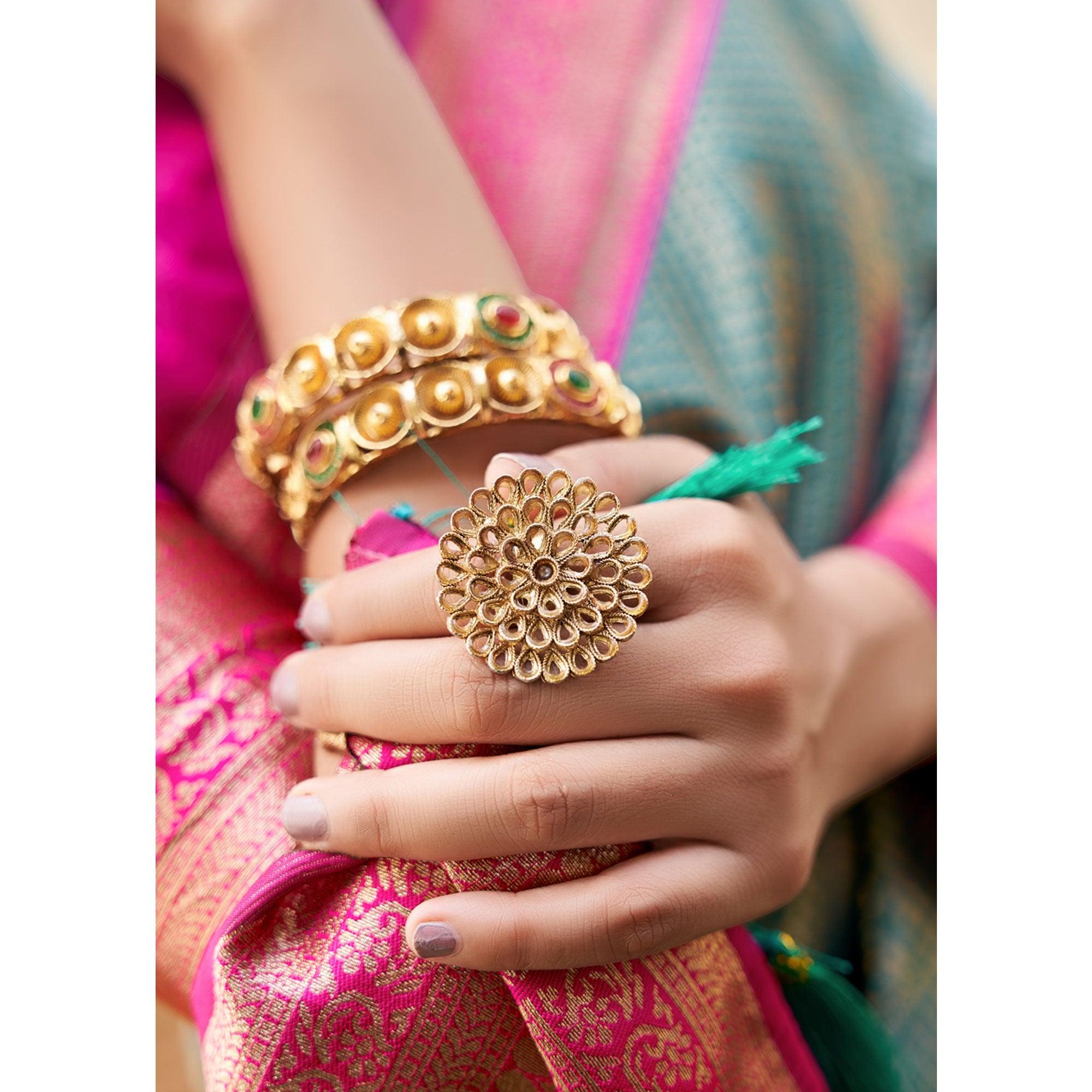 Rama Green Woven Banarasi Silk Saree - Peachmode