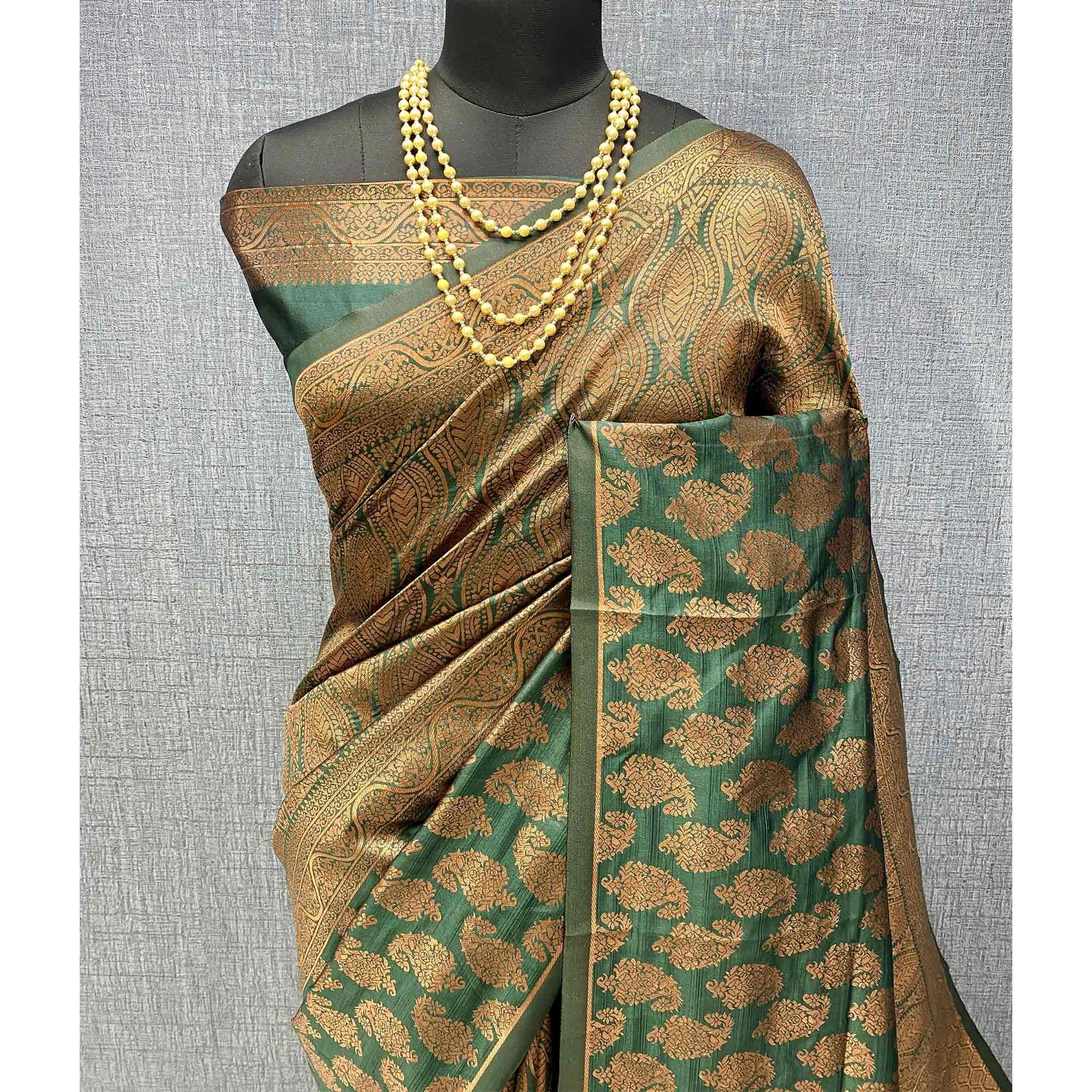 Rama Green Woven Banarasi Silk Saree - Peachmode