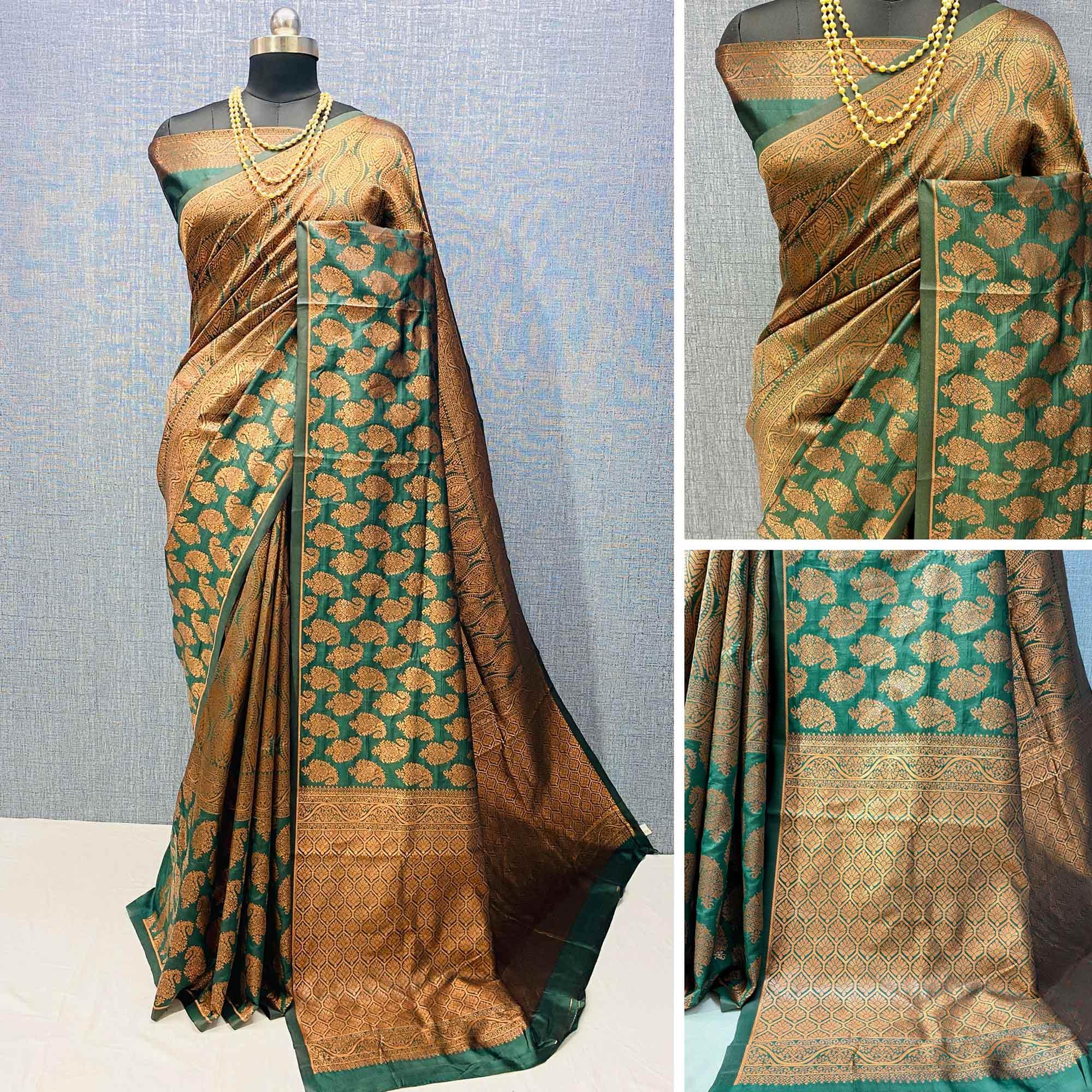 Rama Green Woven Banarasi Silk Saree - Peachmode