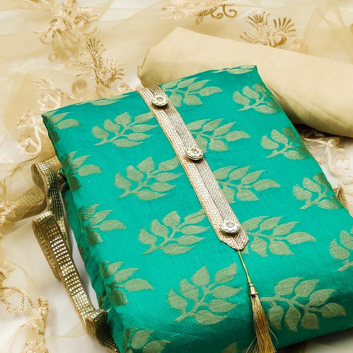 Rama Green Woven Chanderi Dress Material - Peachmode