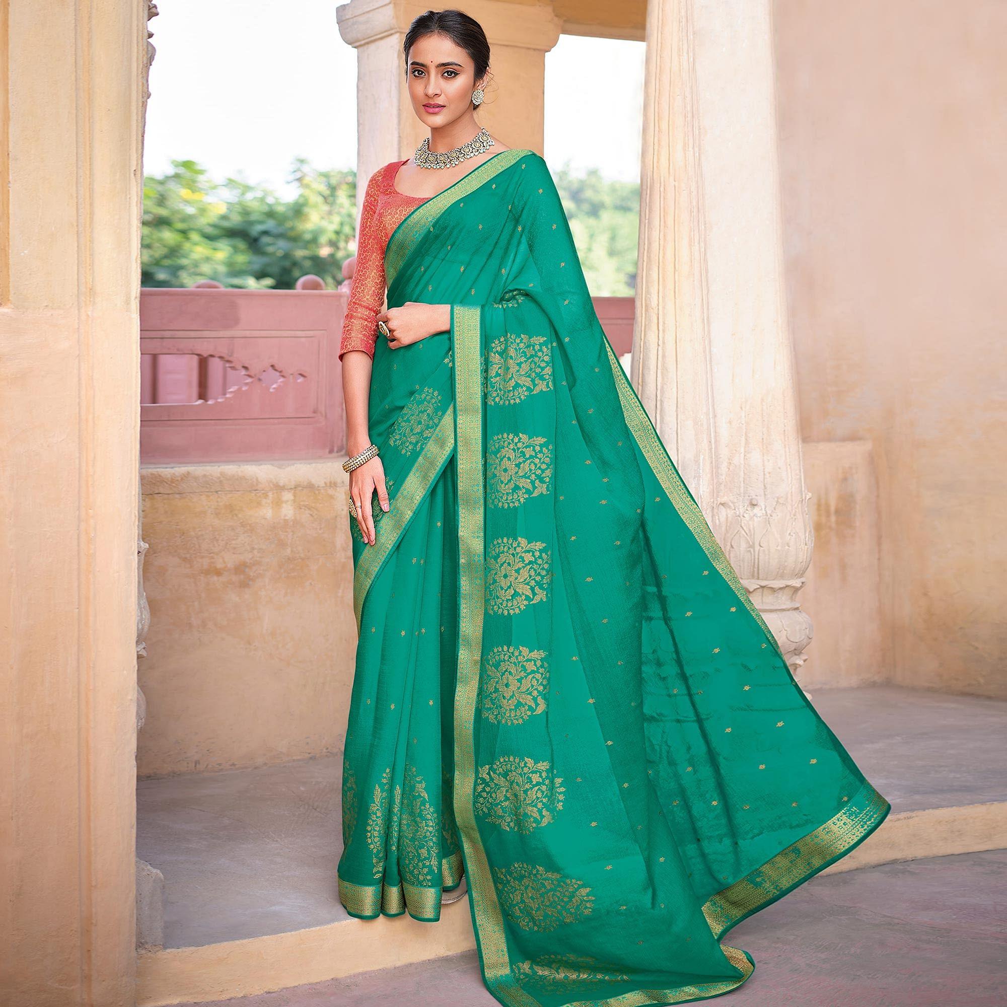 Rama Green Woven Chiffon Saree - Peachmode