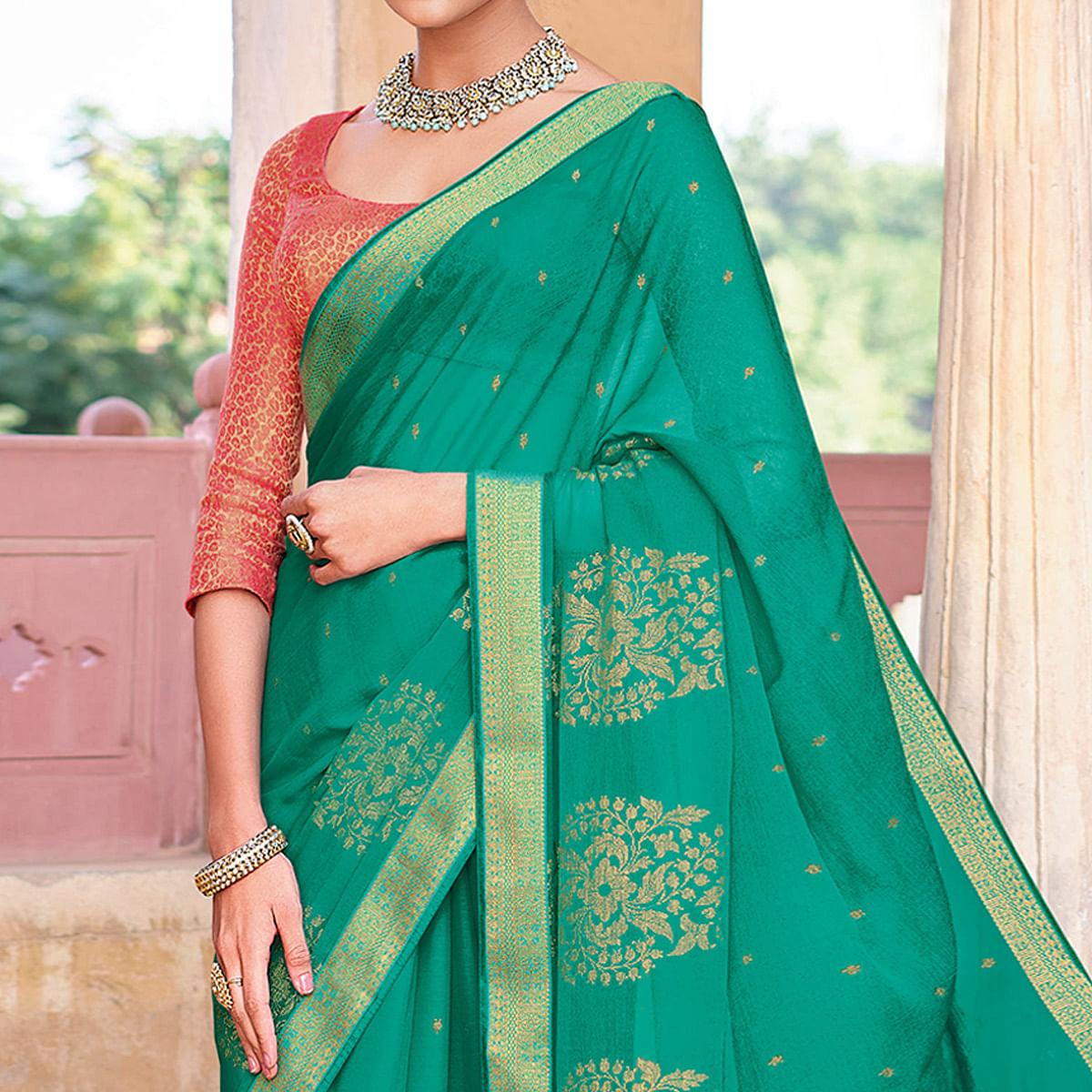 Rama Green Woven Chiffon Saree - Peachmode