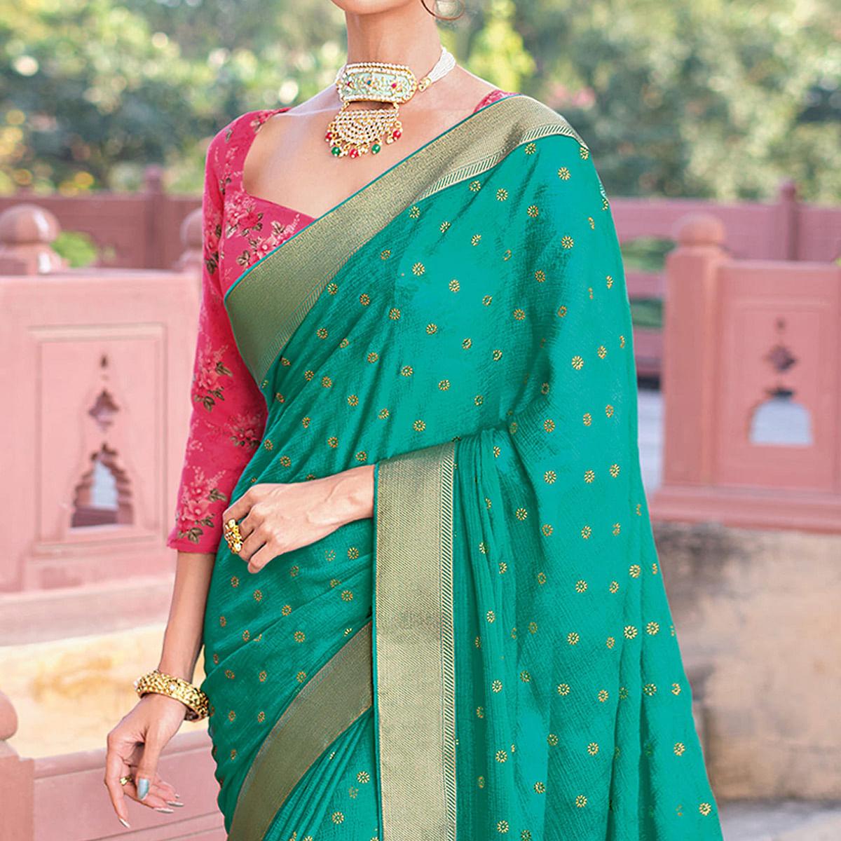 Rama Green Woven Chiffon Saree - Peachmode