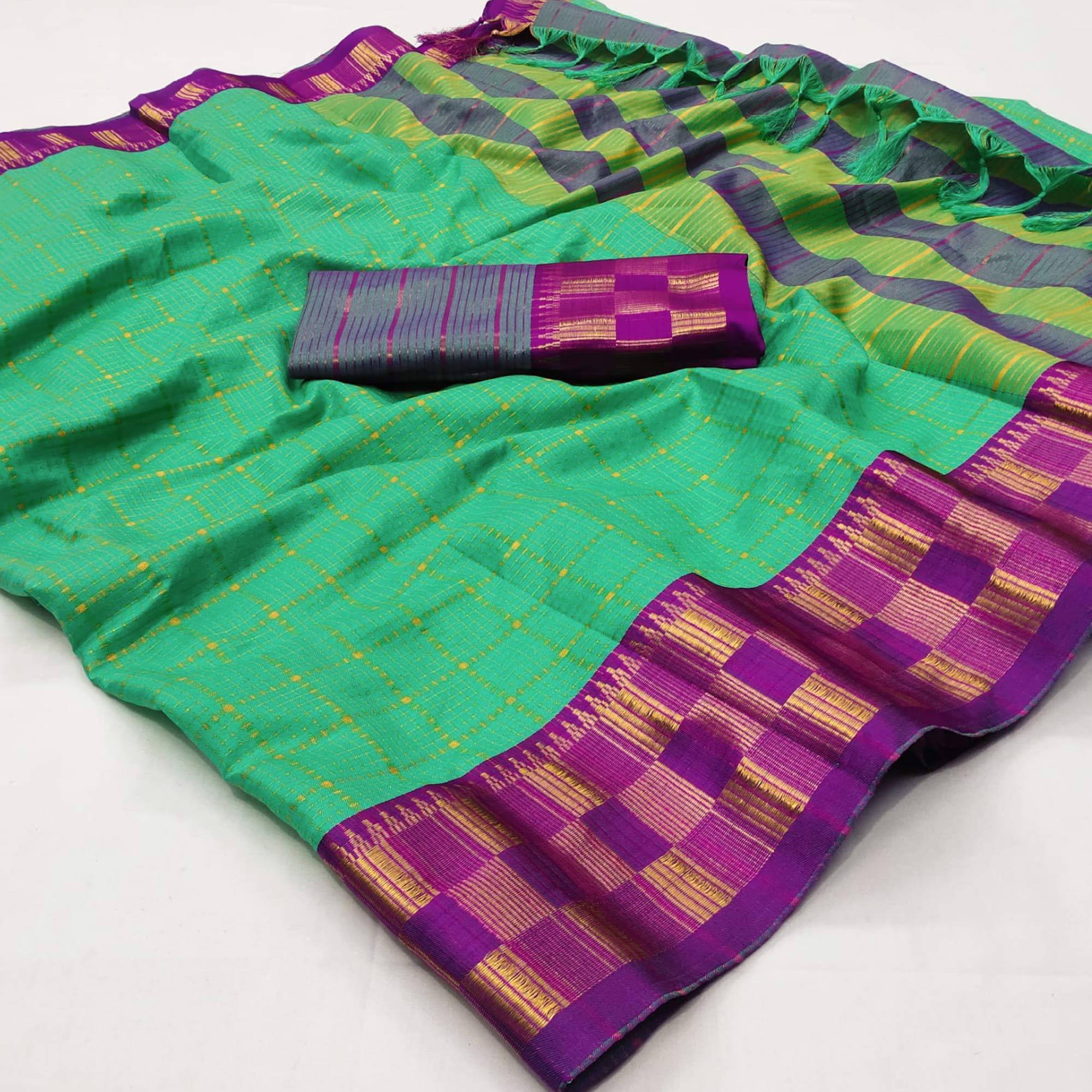 Rama Green Woven Cotton Silk Saree - Peachmode