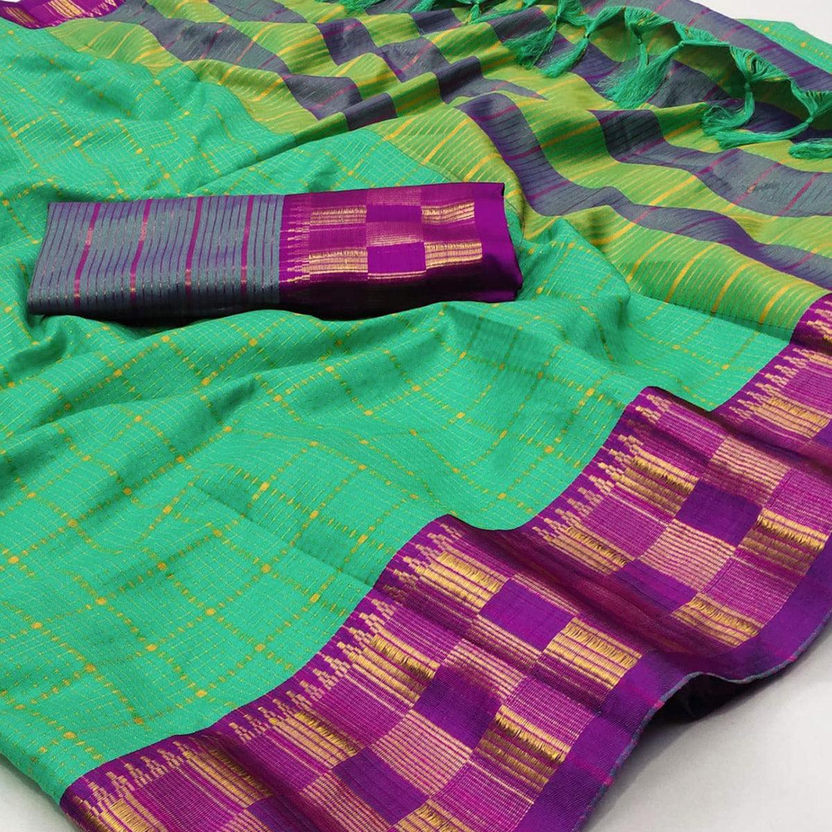 Rama Green Woven Cotton Silk Saree - Peachmode