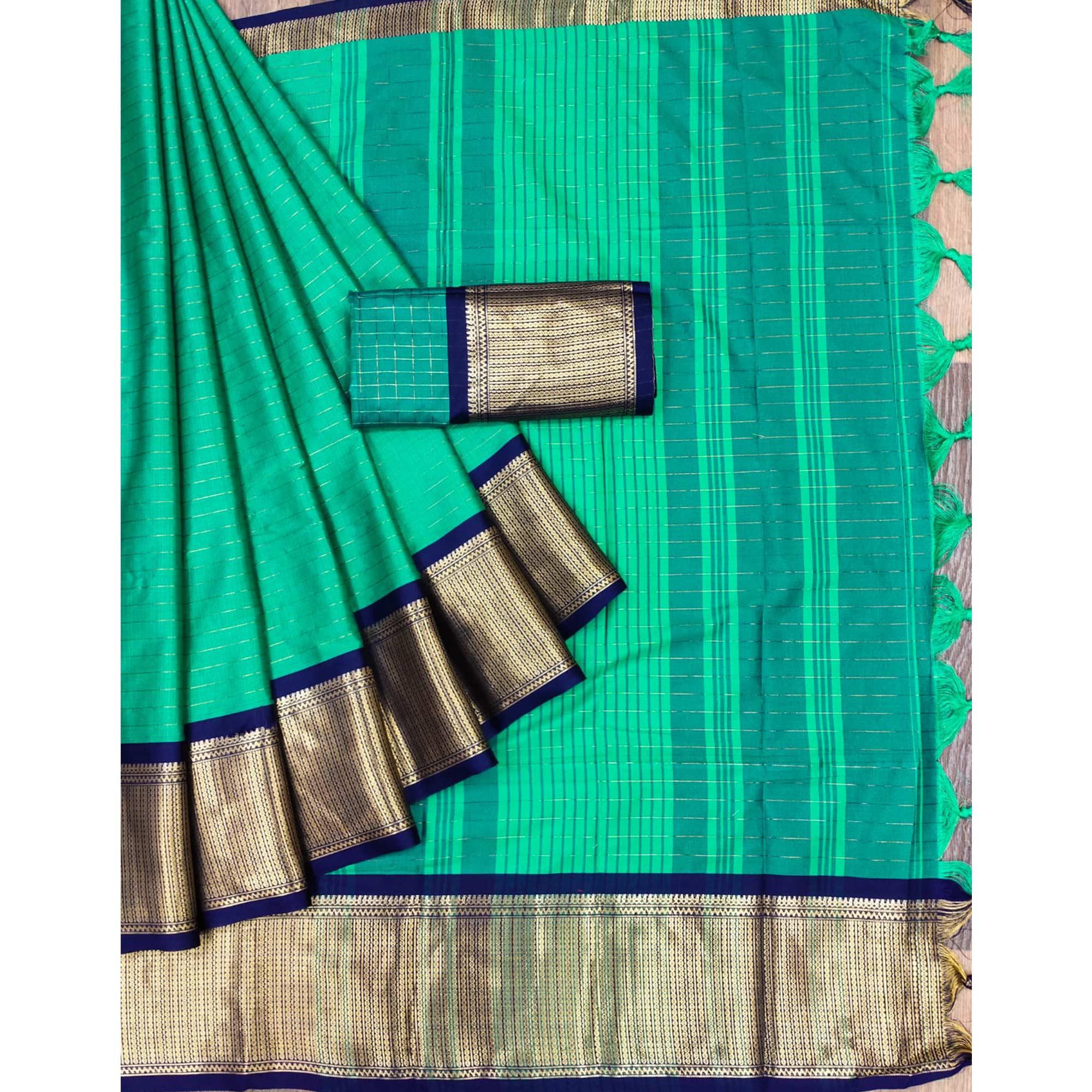 Rama Green Woven Cotton Silk Saree - Peachmode