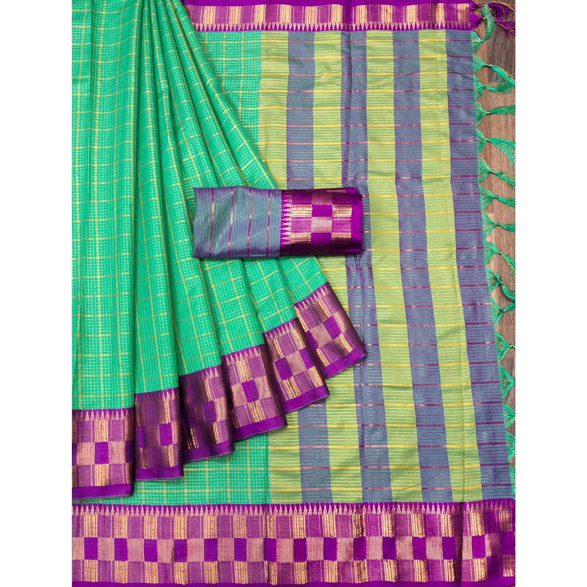 Rama Green Woven Cotton Silk Saree - Peachmode