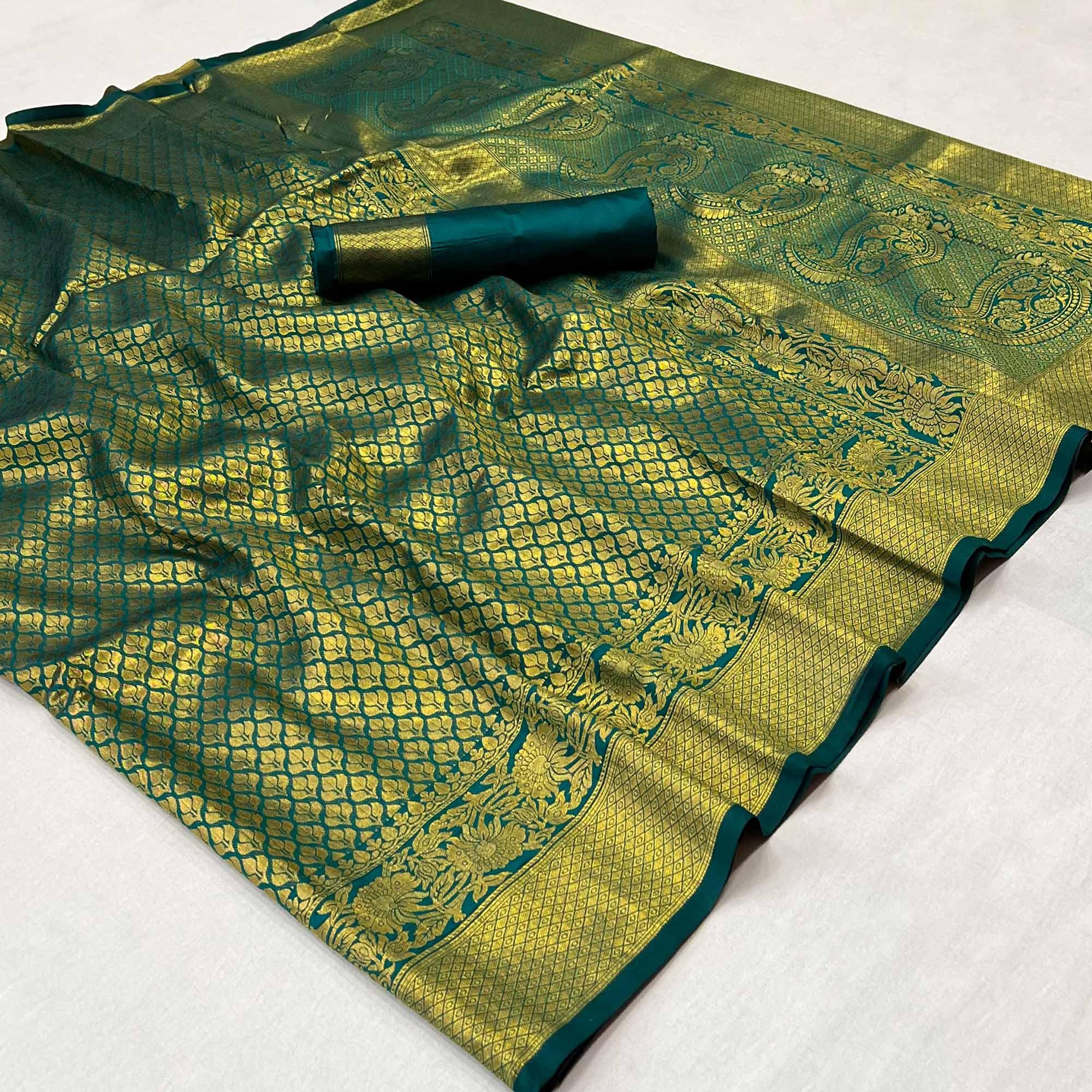 Rama Green Woven Jacquard Saree - Peachmode