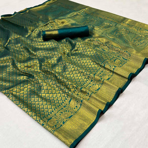 Rama Green Woven Jacquard Saree - Peachmode