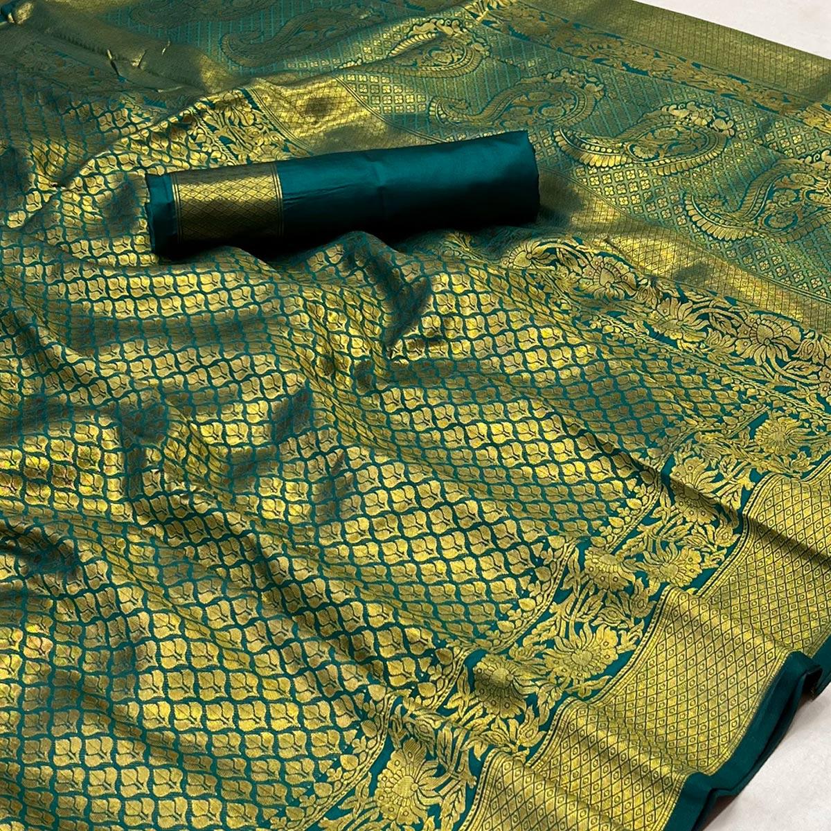 Rama Green Woven Jacquard Saree - Peachmode