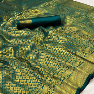 Rama Green Woven Jacquard Saree - Peachmode