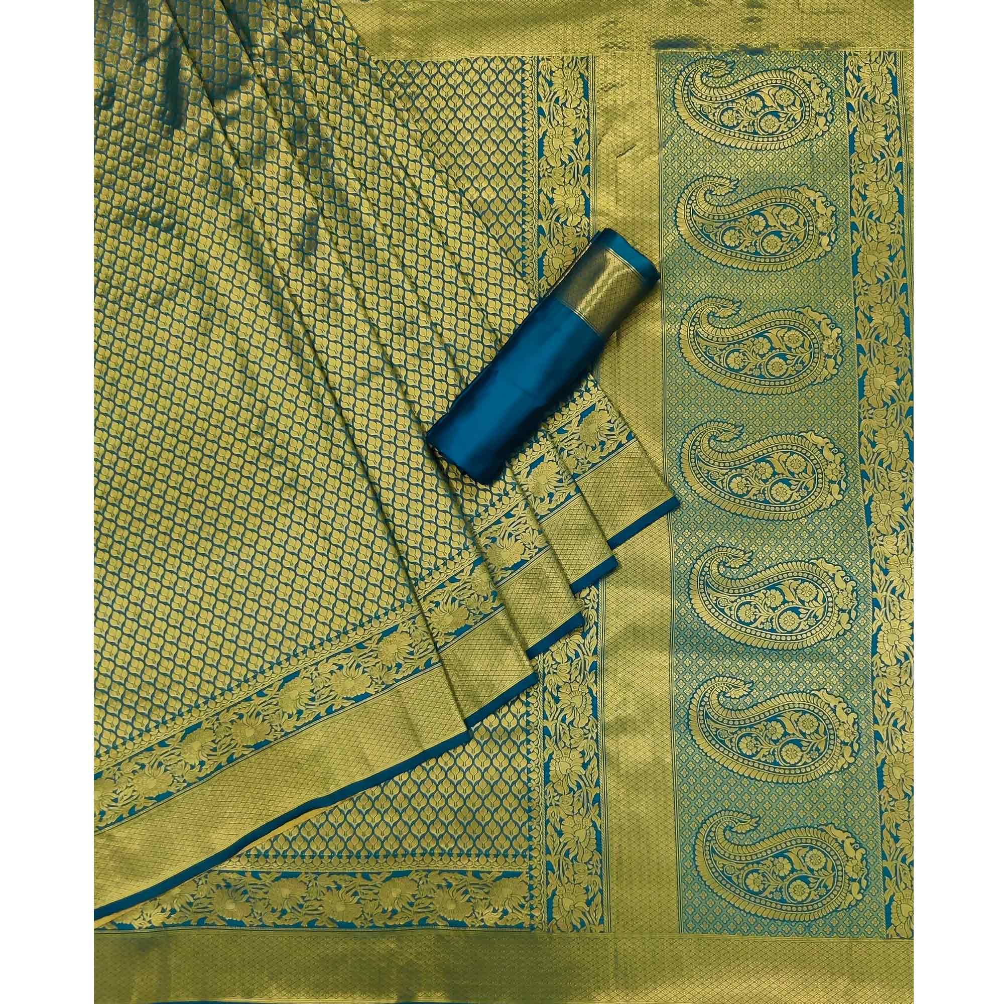 Rama Green Woven Jacquard Saree - Peachmode