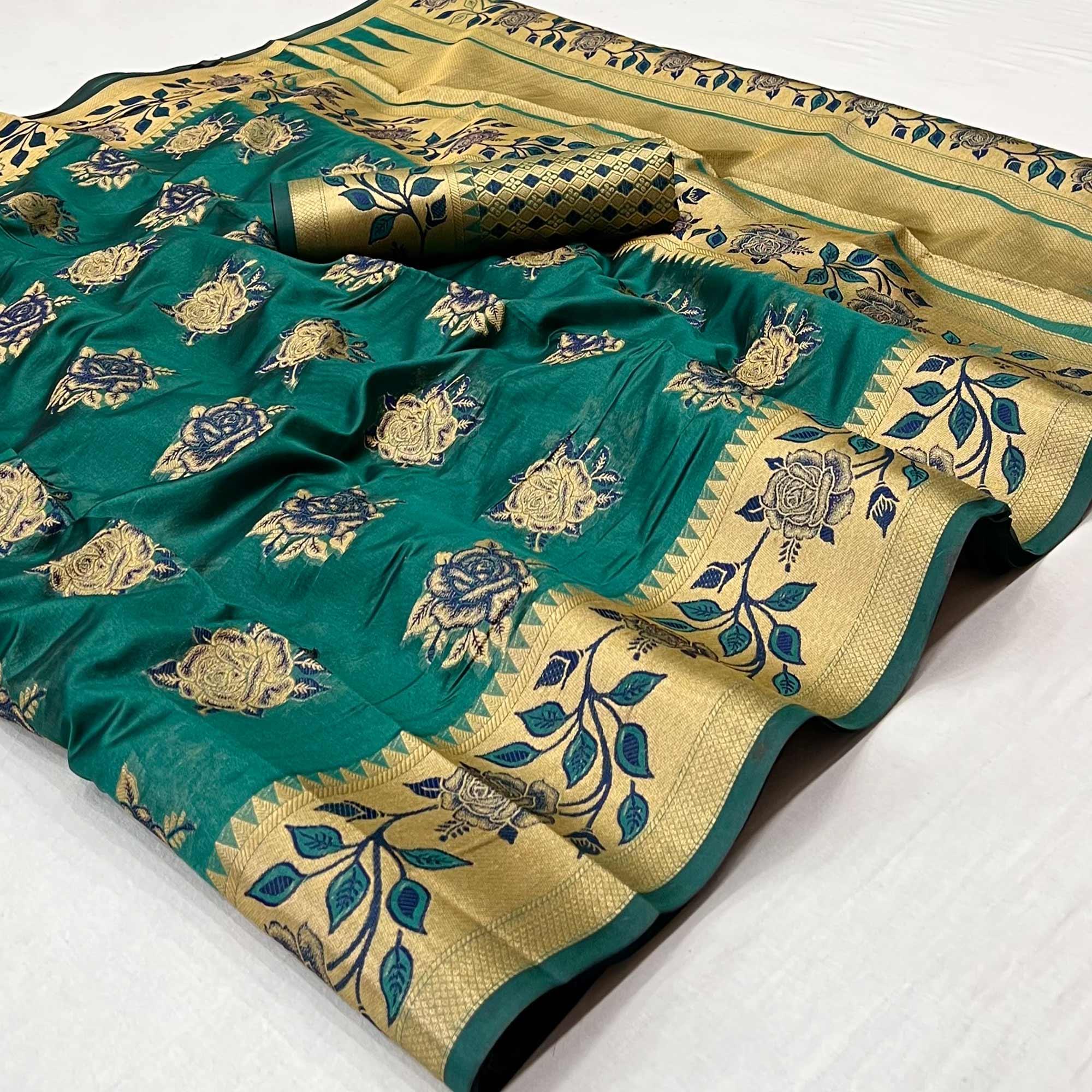 Rama Green Woven Organza Saree - Peachmode