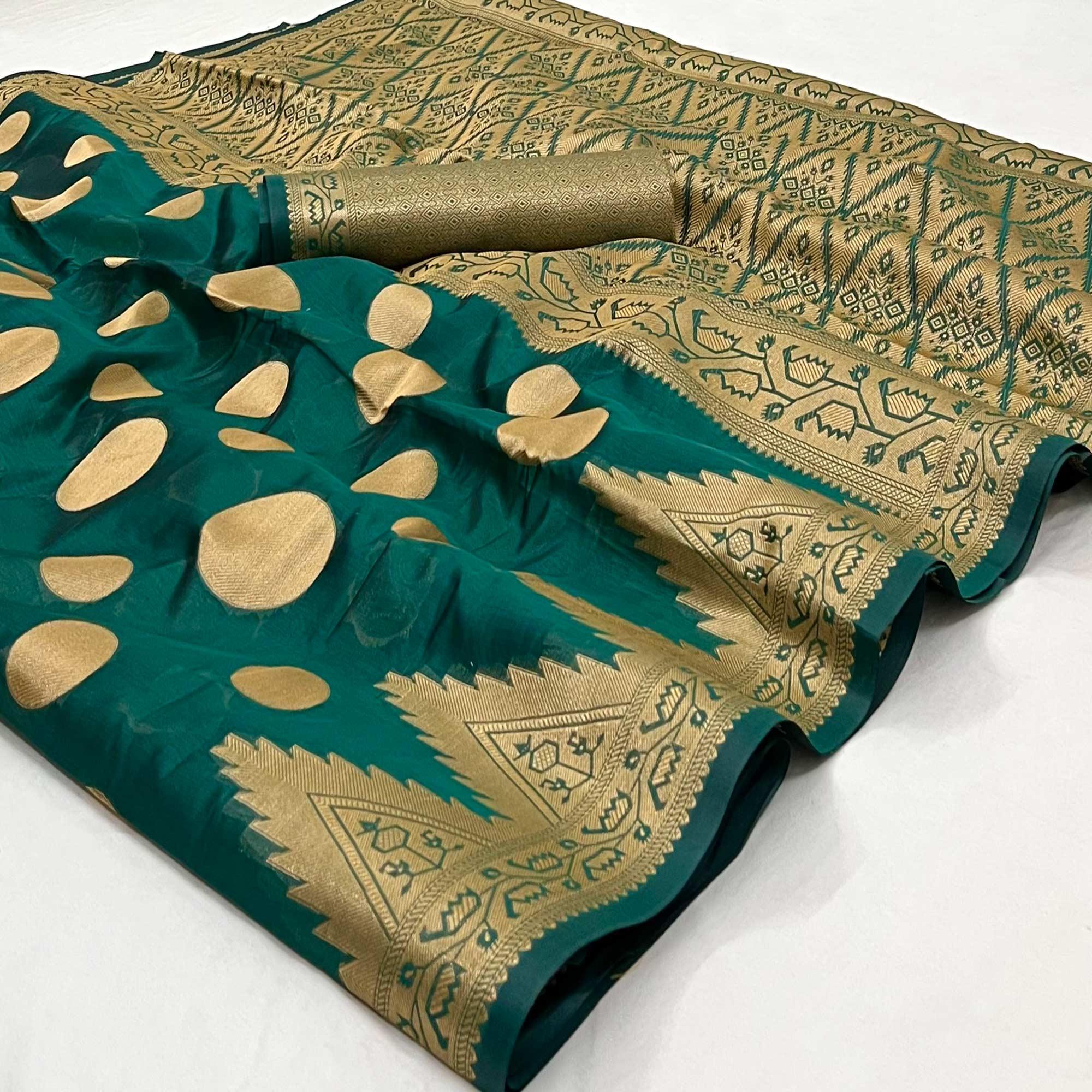 Rama Green Woven Organza Saree - Peachmode