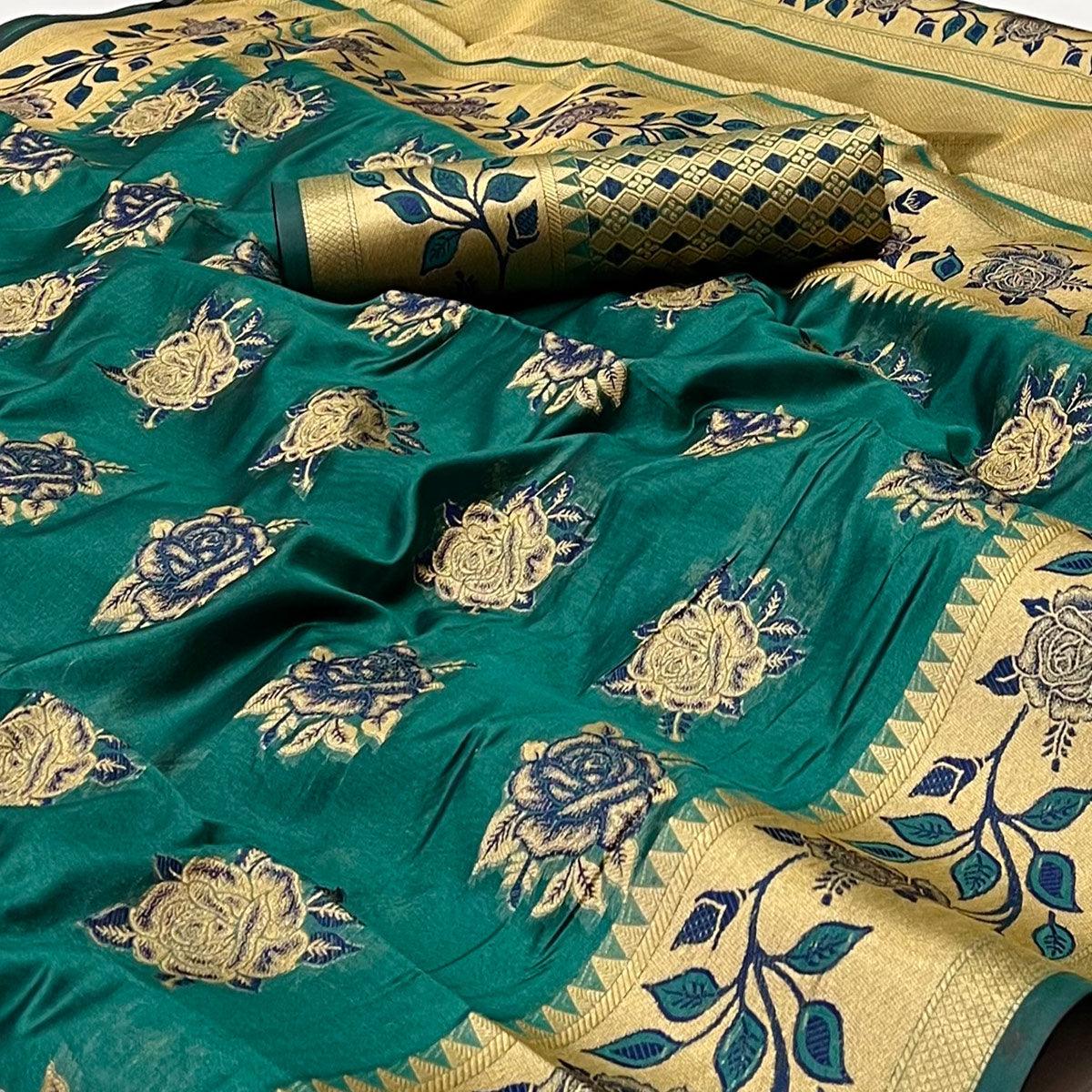 Rama Green Woven Organza Saree - Peachmode