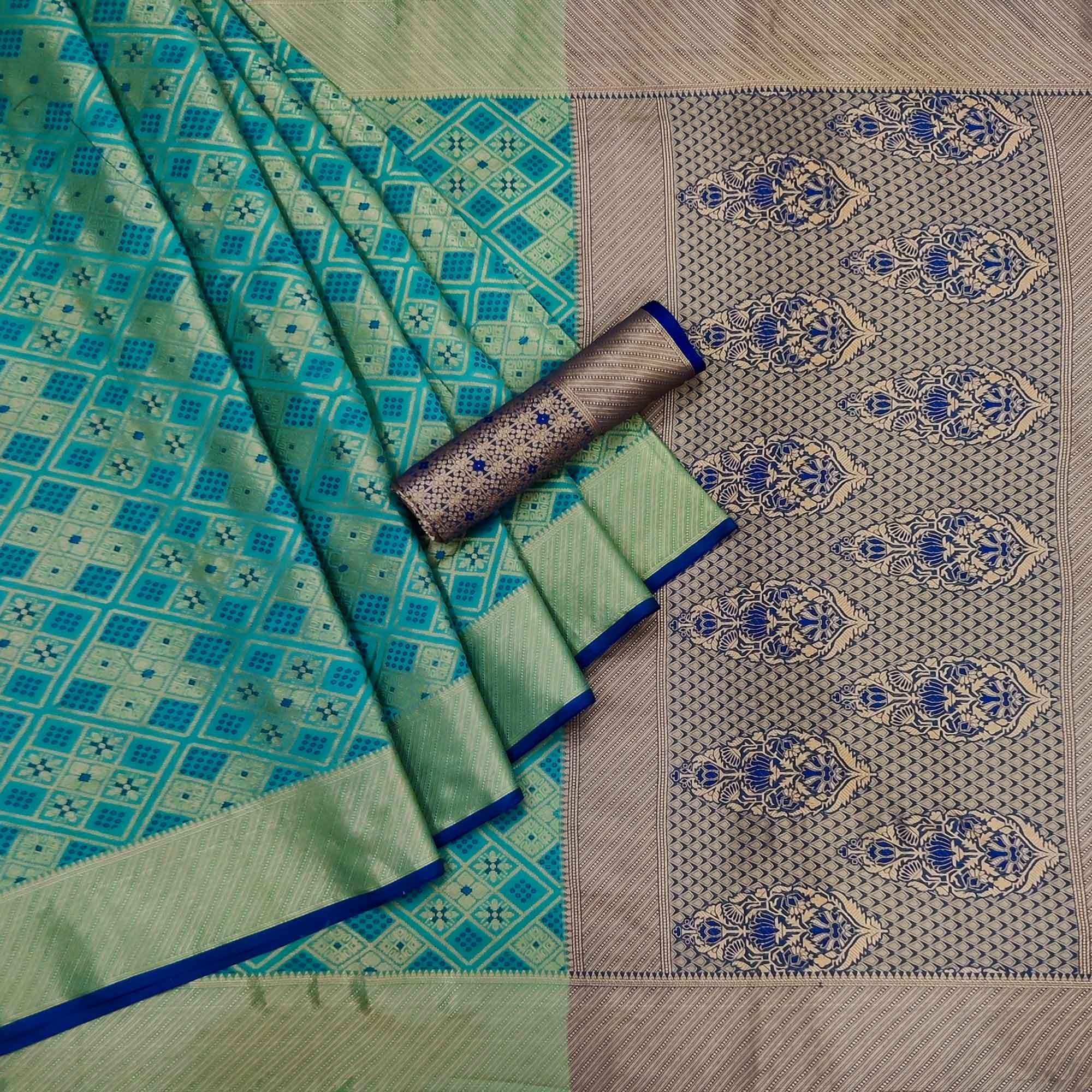 Rama Green Woven Patola Art Silk Saree - Peachmode