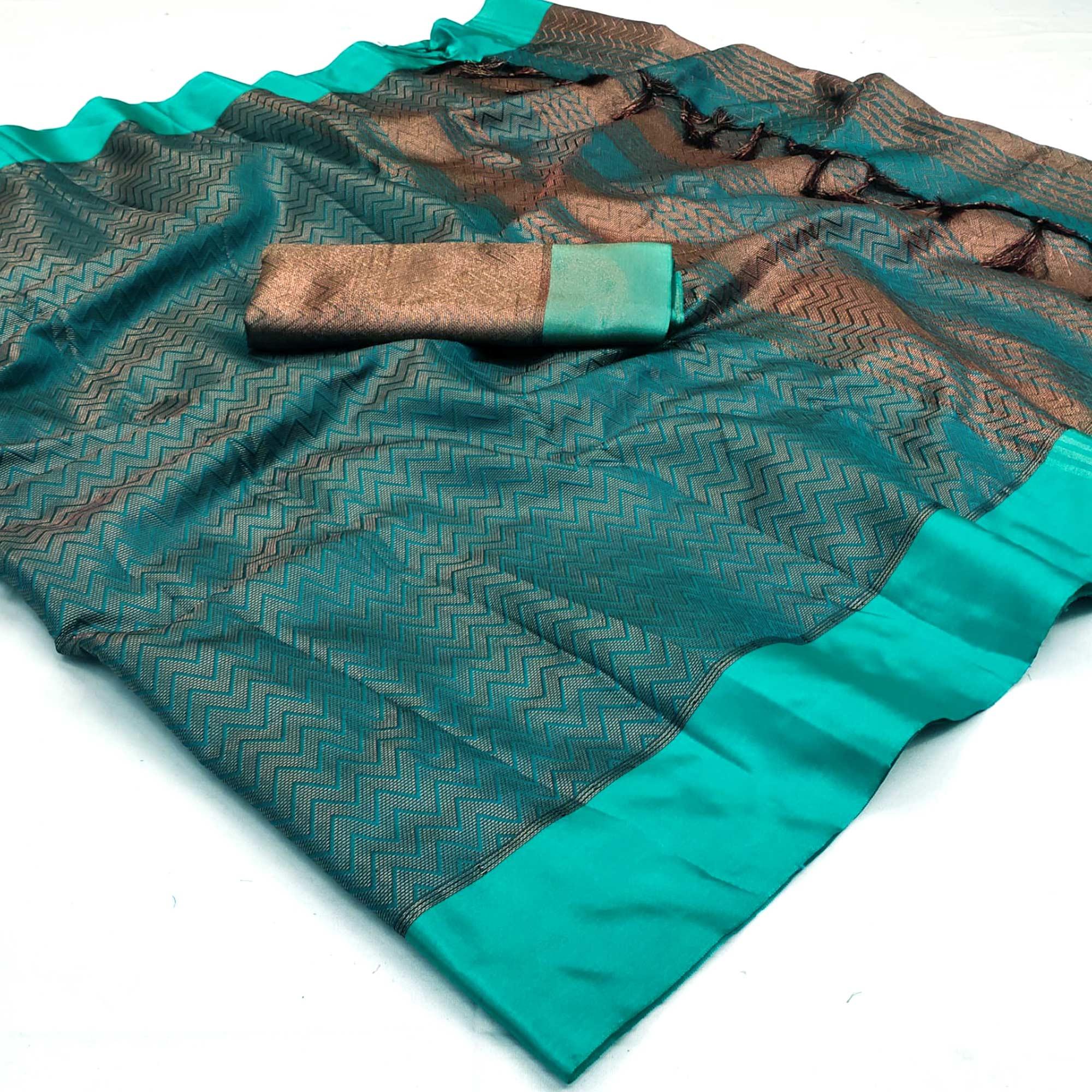 Rama Green Zig Zag Woven Cotton Silk Saree - Peachmode