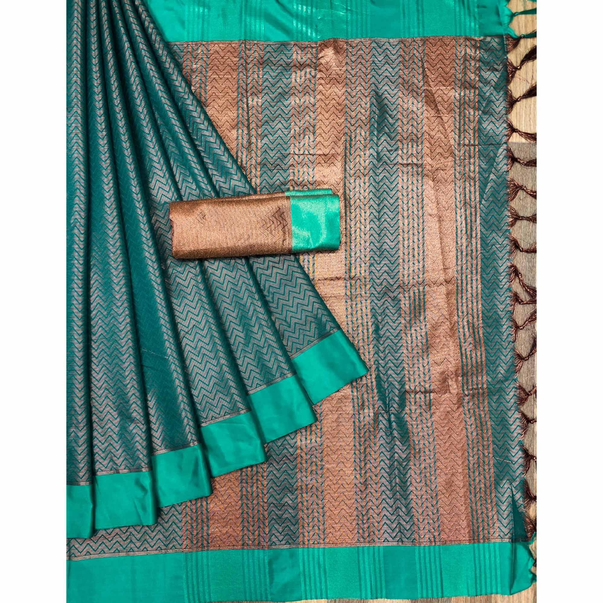 Rama Green Zig Zag Woven Cotton Silk Saree - Peachmode
