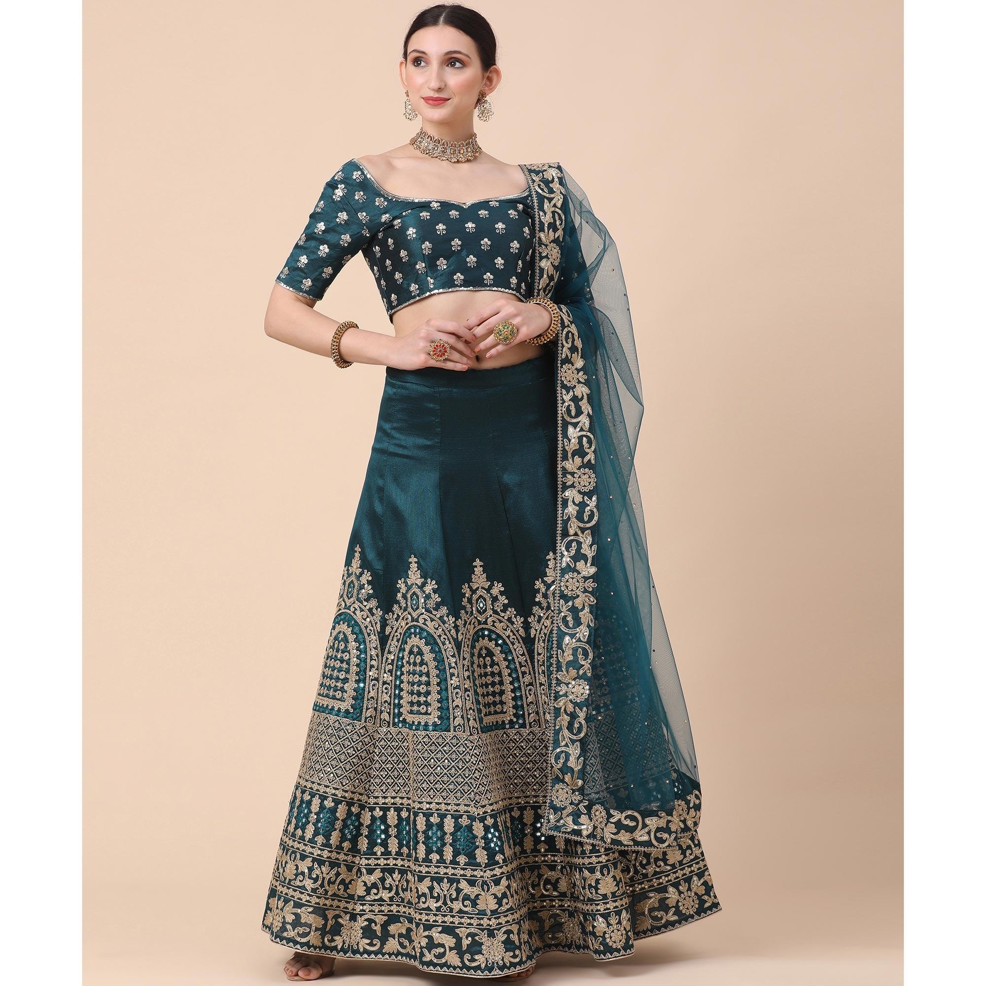 Rama Party Wear Sequence Embroidered Silk Lehenga Choli - Peachmode