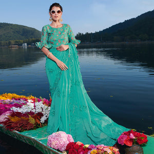 Rama Partywear Floral Embroidered Chiffon Saree - Peachmode