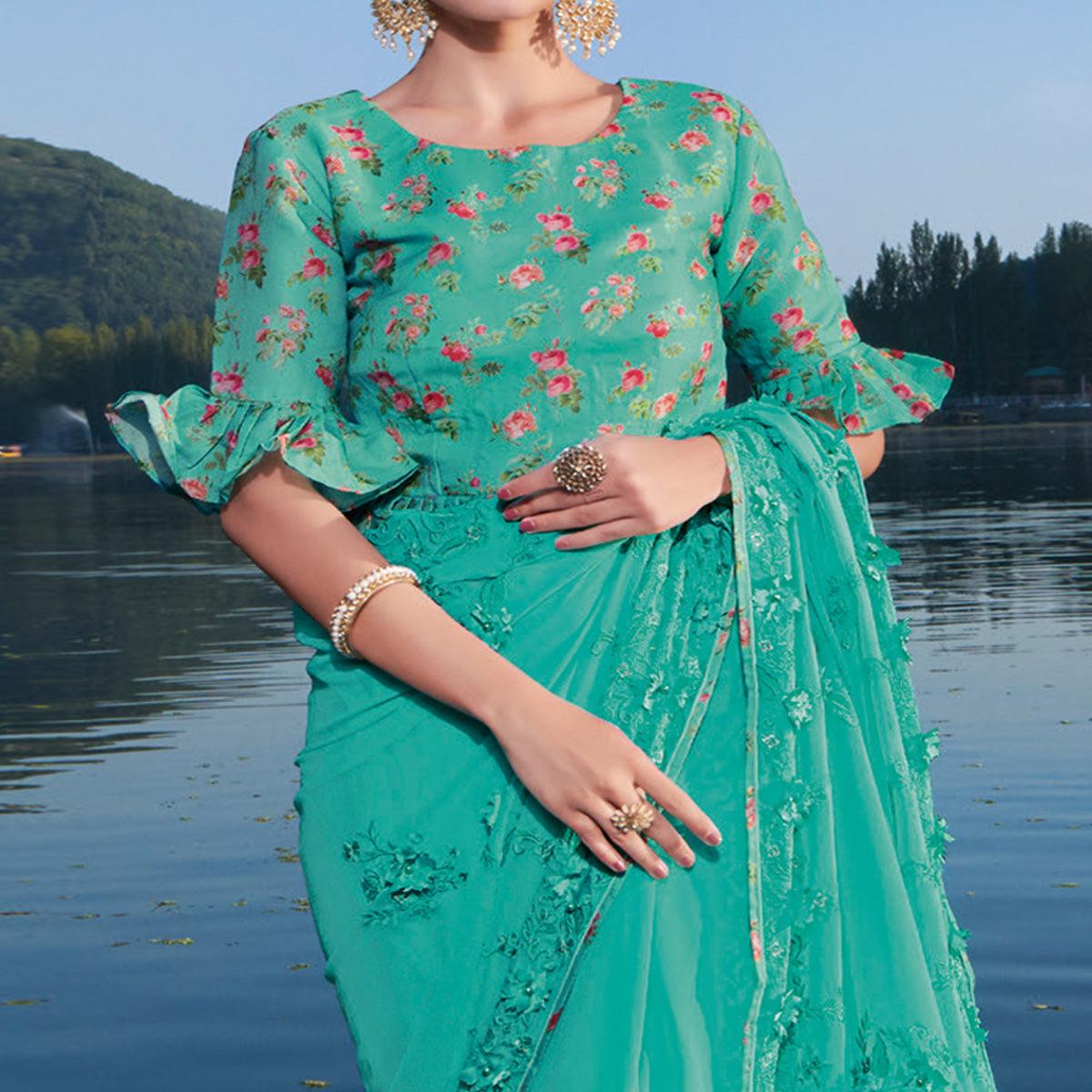 Rama Partywear Floral Embroidered Chiffon Saree - Peachmode