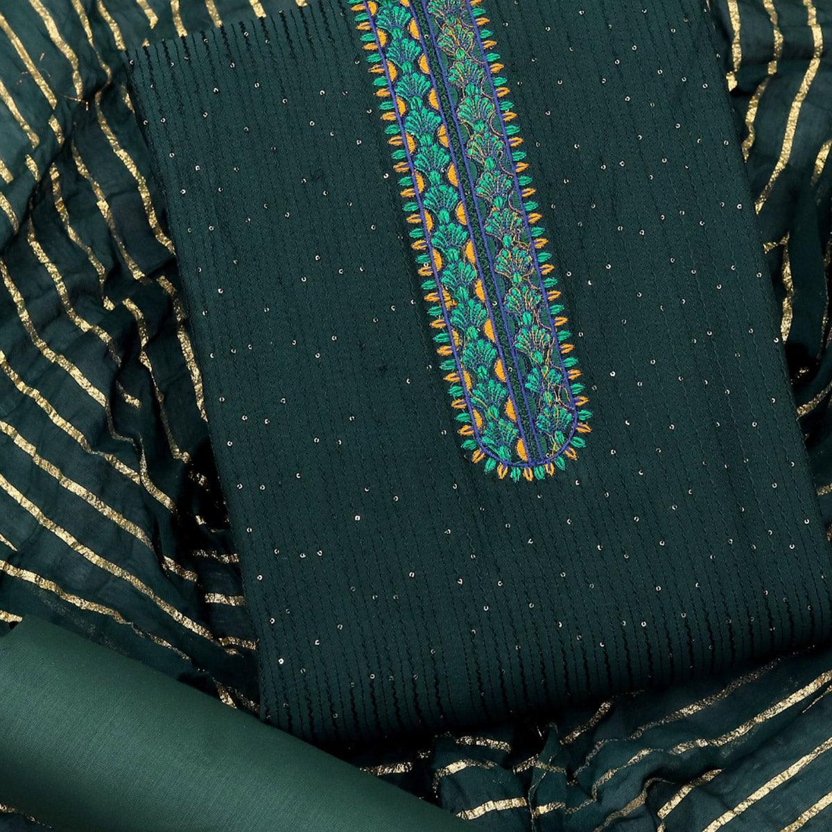 Rama Sequence Embroidered Chanderi Dress Material - Peachmode