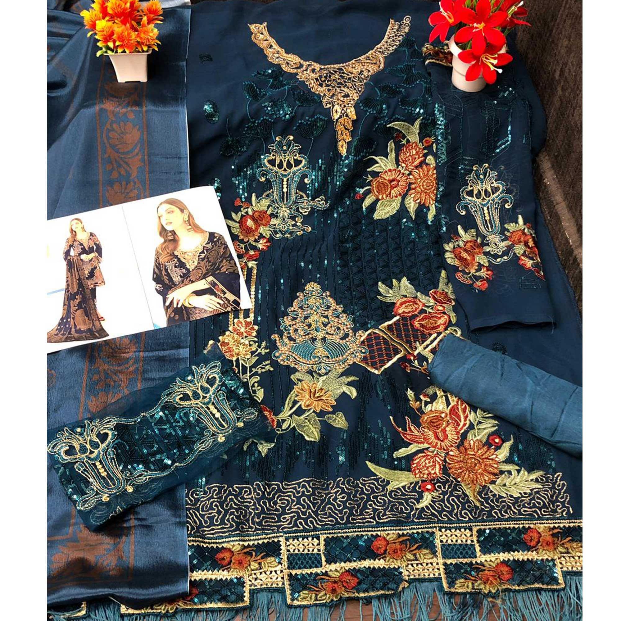Rama-Teal Blue Partywear Designer Embroidery & Sequence Work Heavy Georgette Salwar Suit - Peachmode