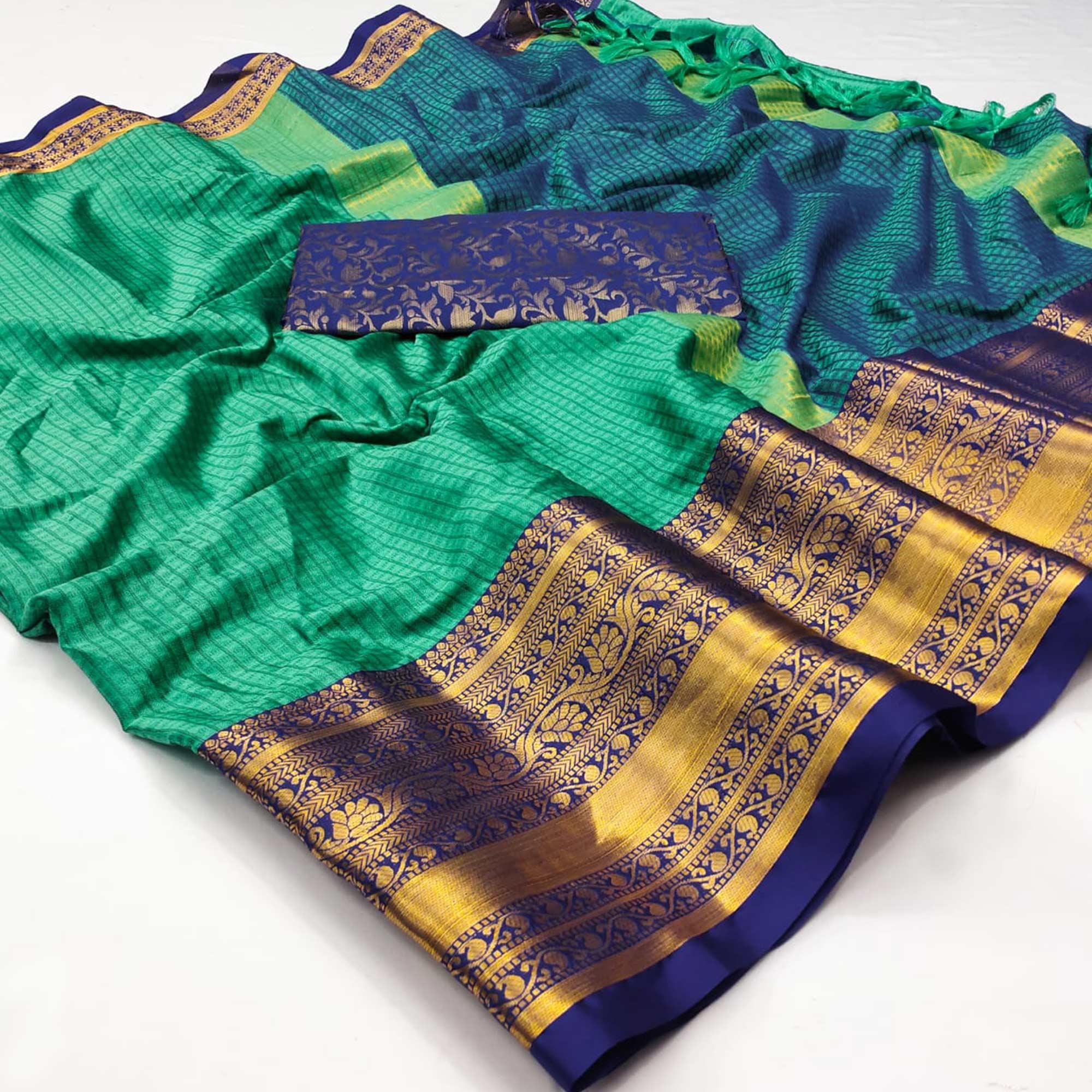Rama Woven Cotton Silk Saree With Tassels - Peachmode
