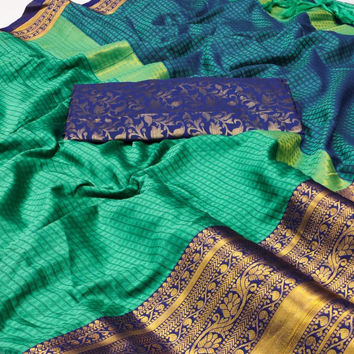 Rama Woven Cotton Silk Saree With Tassels - Peachmode