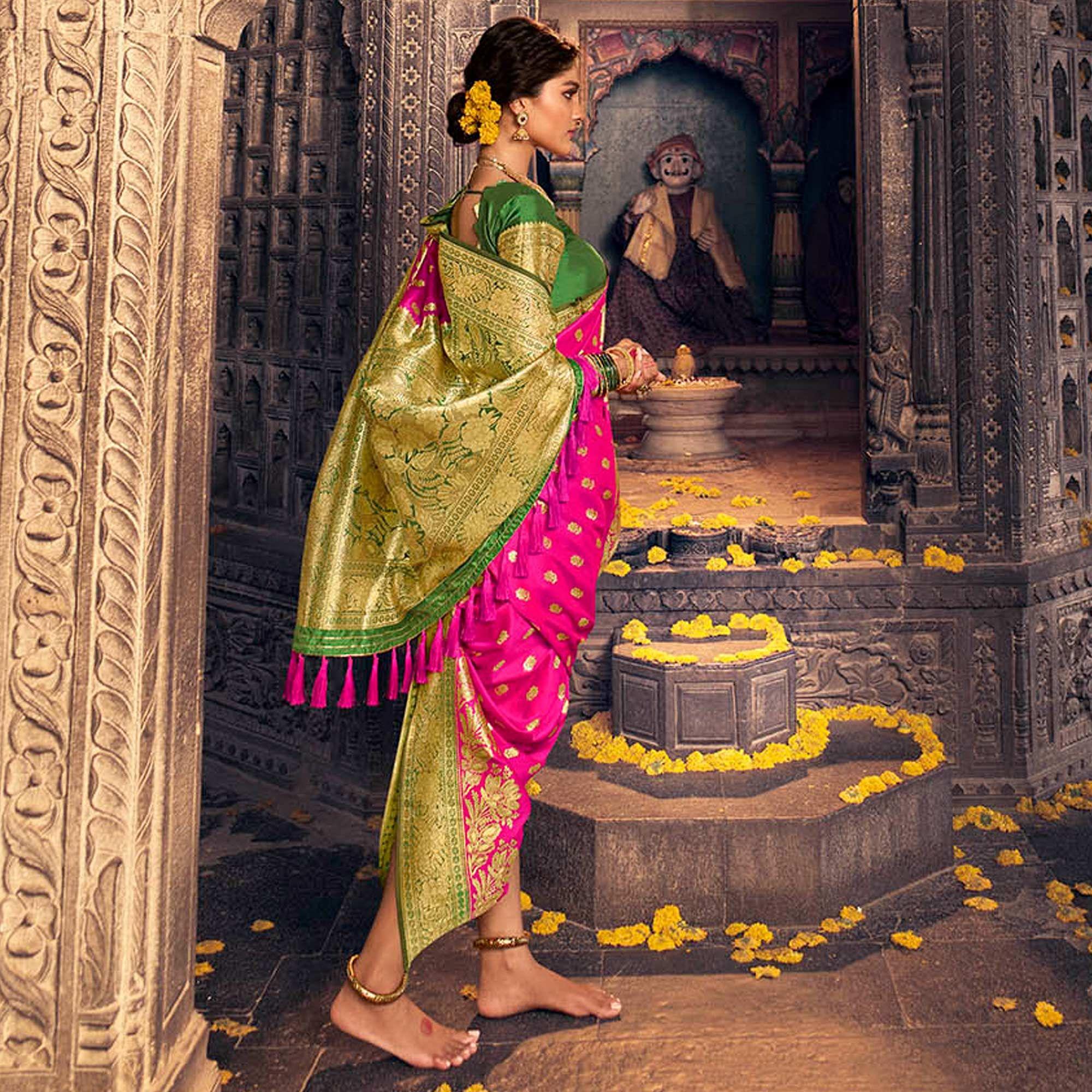 Rani & Green Festive Wear Woven Banarasi Silk Saree - Peachmode