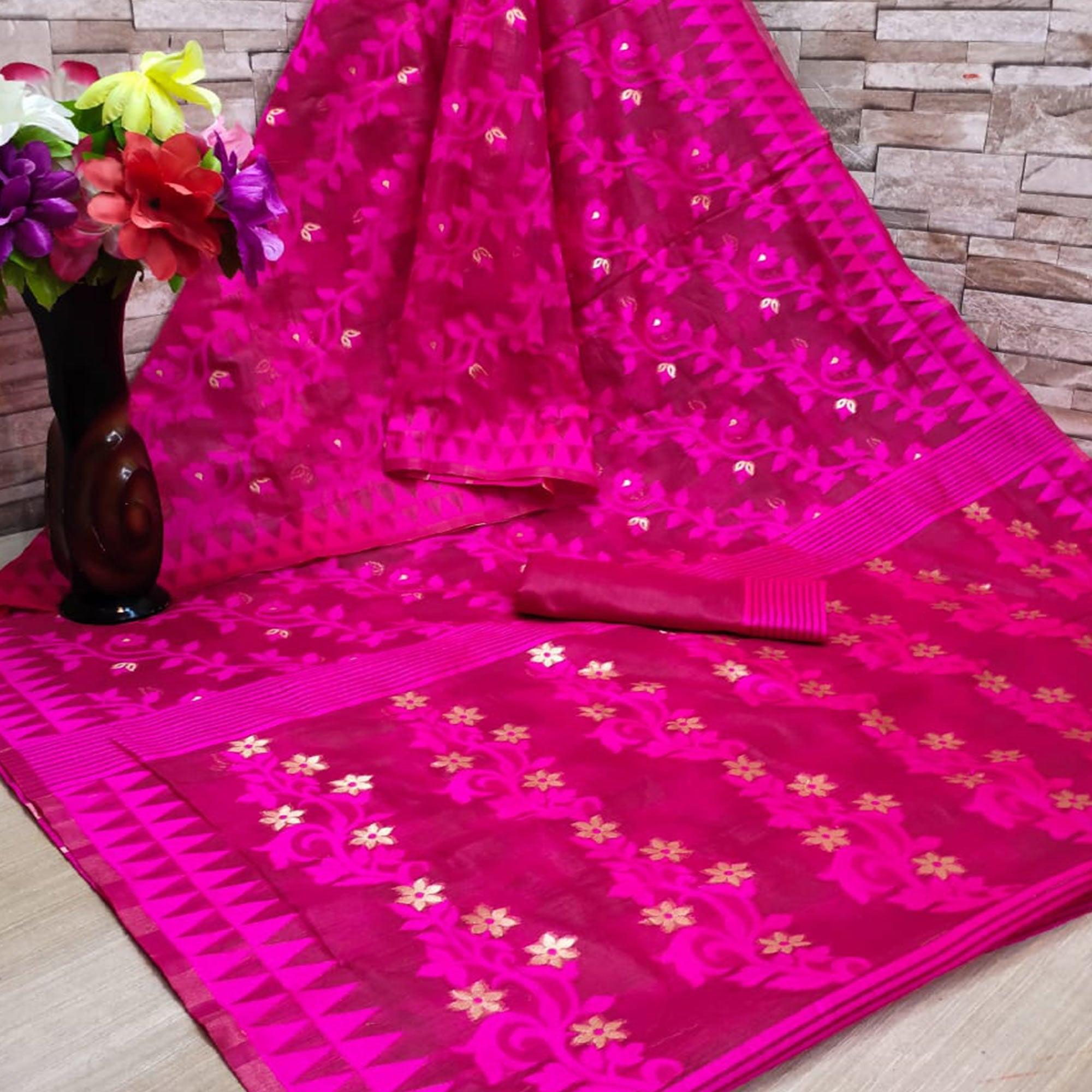 Rani Casual Wear Woven Jacquard Silk Saree - Peachmode