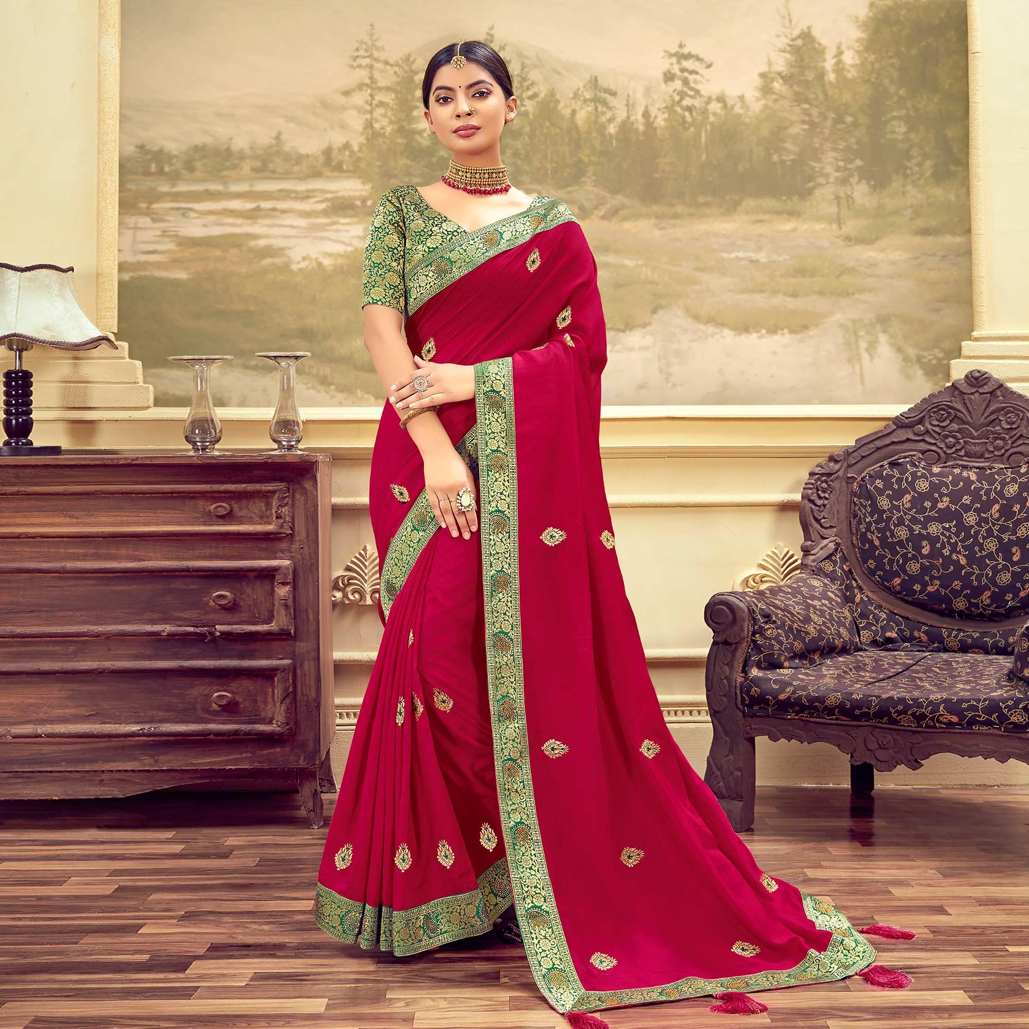 Rani Festive Wear Embroidered & Swarovski Silk Saree - Peachmode