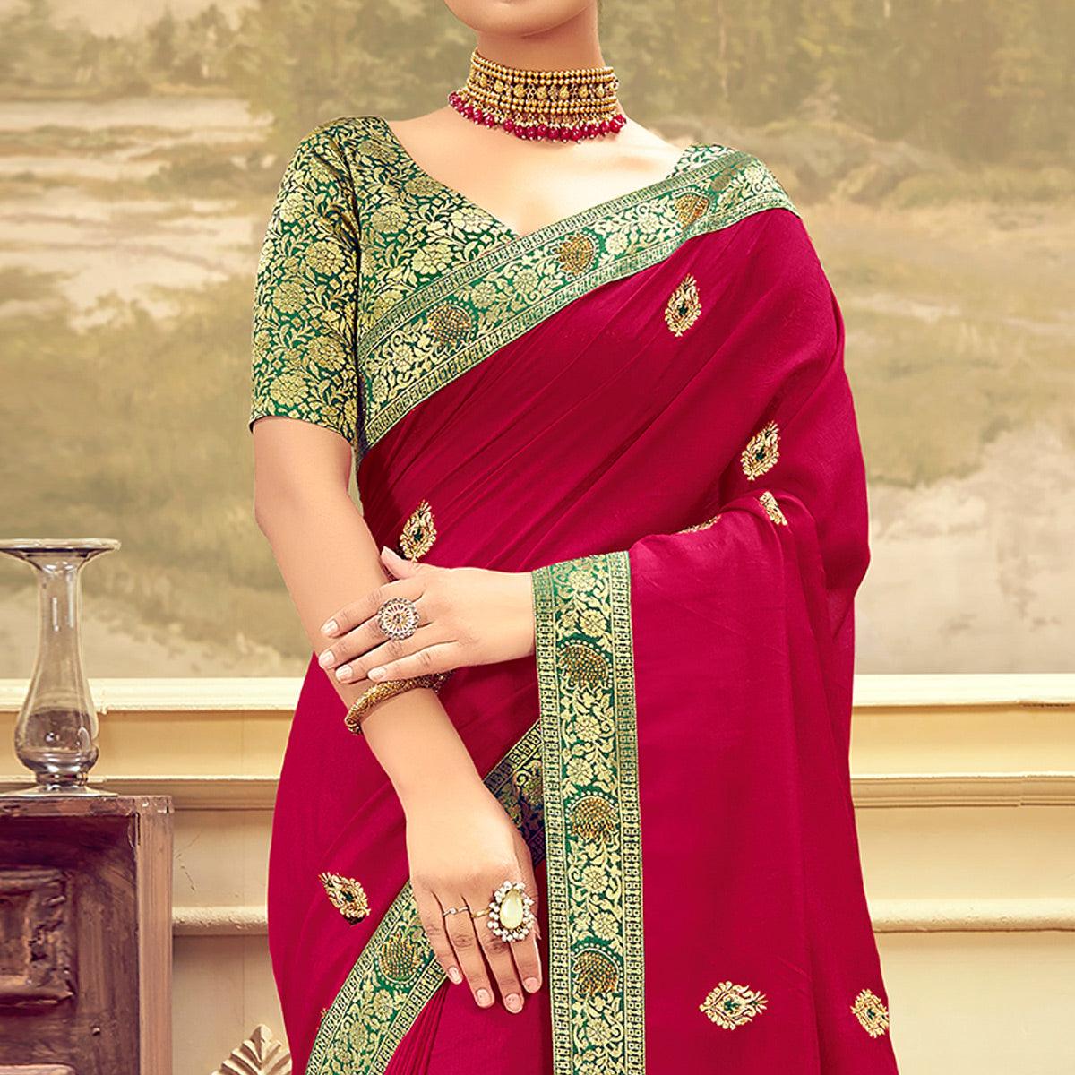 Rani Festive Wear Embroidered & Swarovski Silk Saree - Peachmode